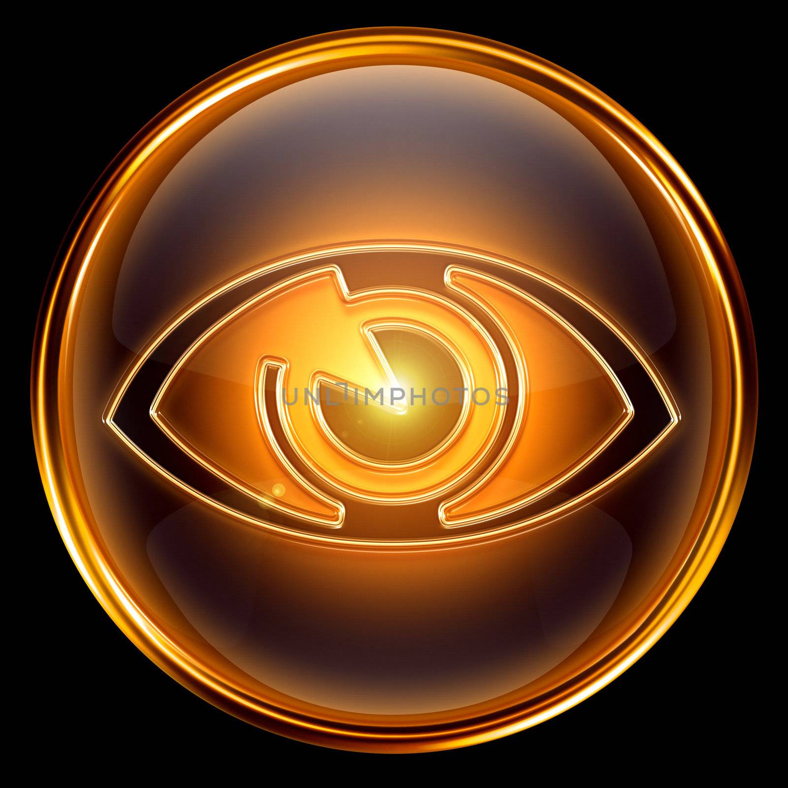 eye icon golden, isolated on black background.