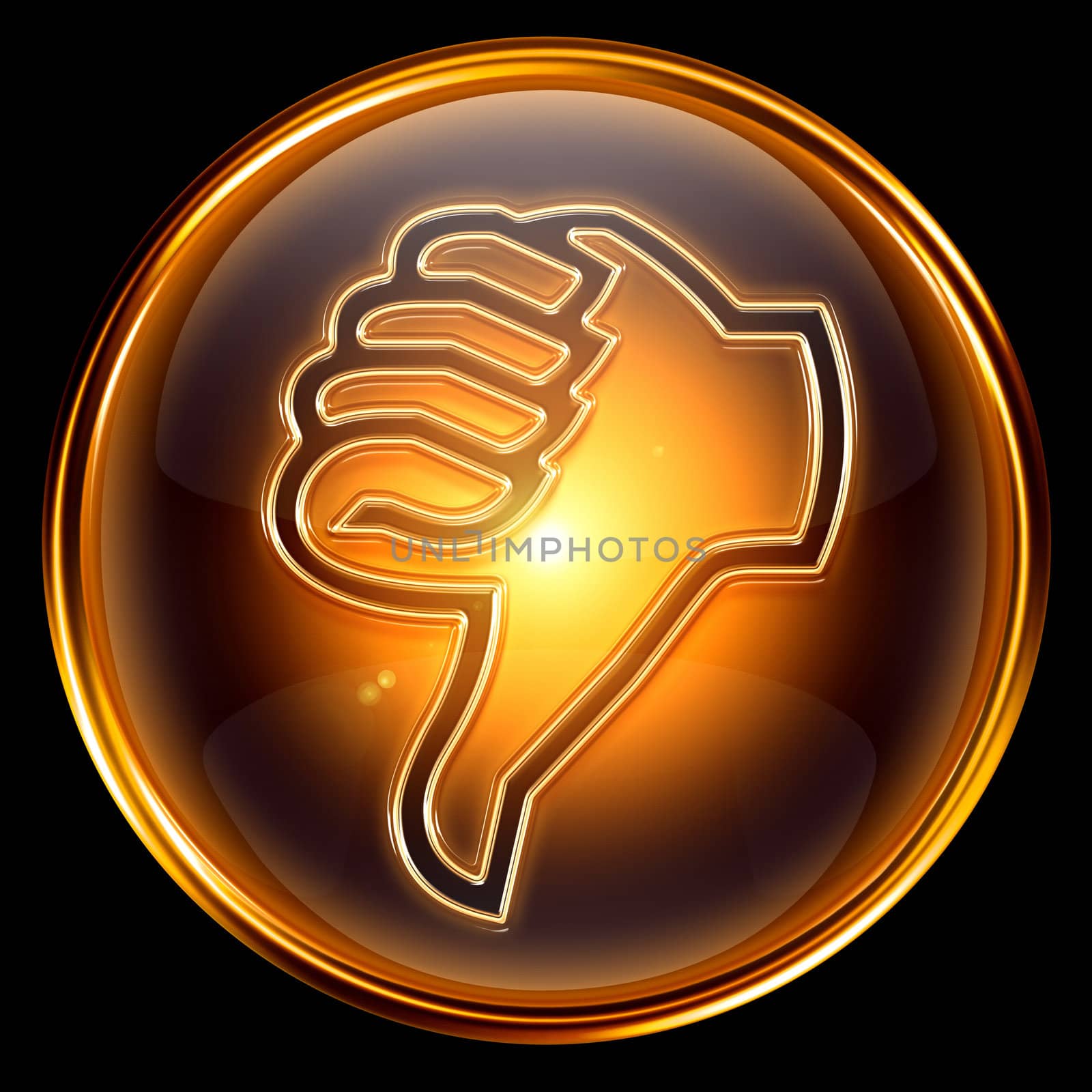 thumb down icon golden, isolated on black background.