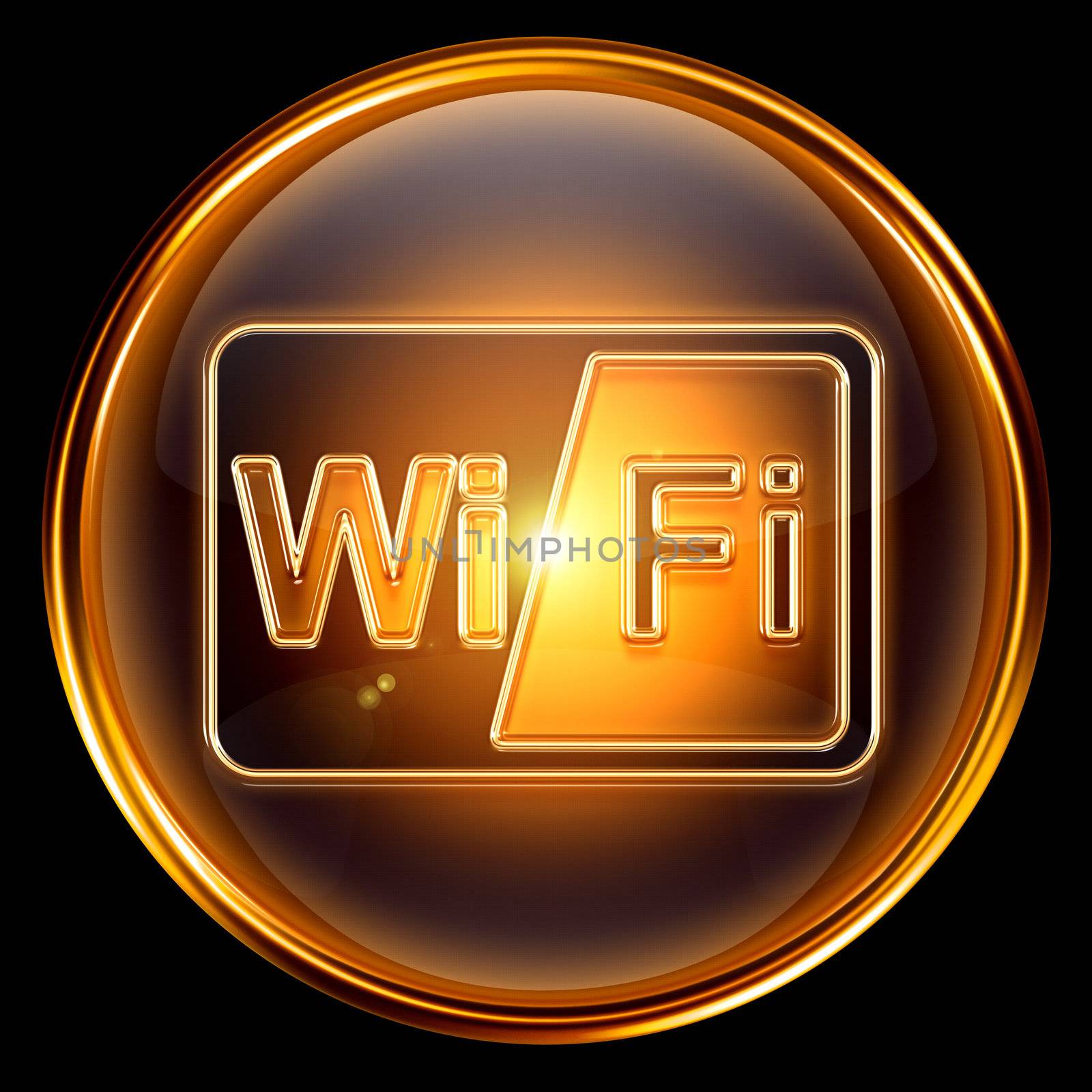 WI-FI icon golden, isolated on black background.