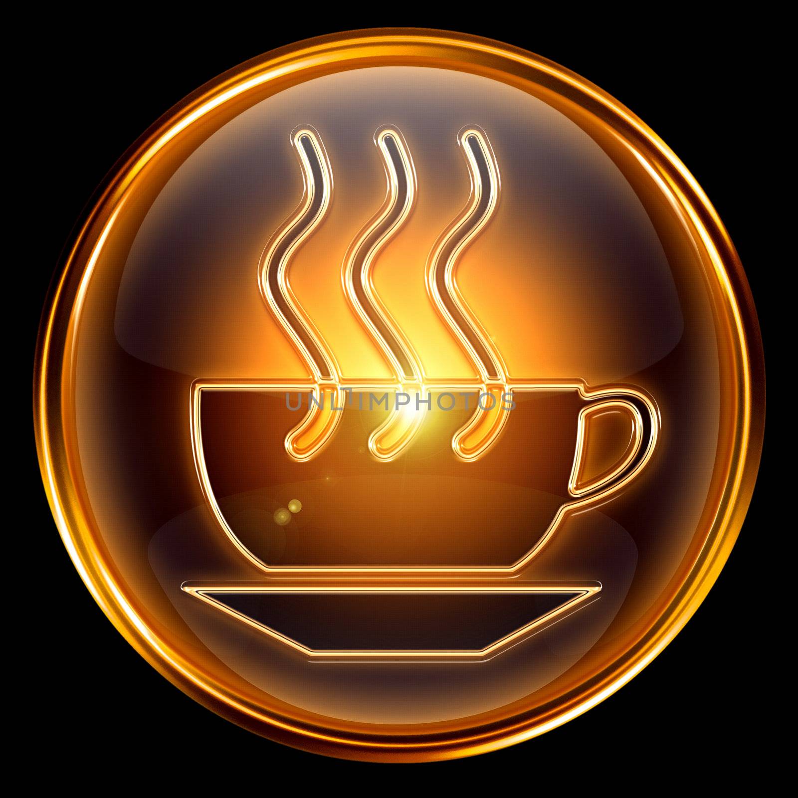 Coffee cup icon gold, isolated on black background