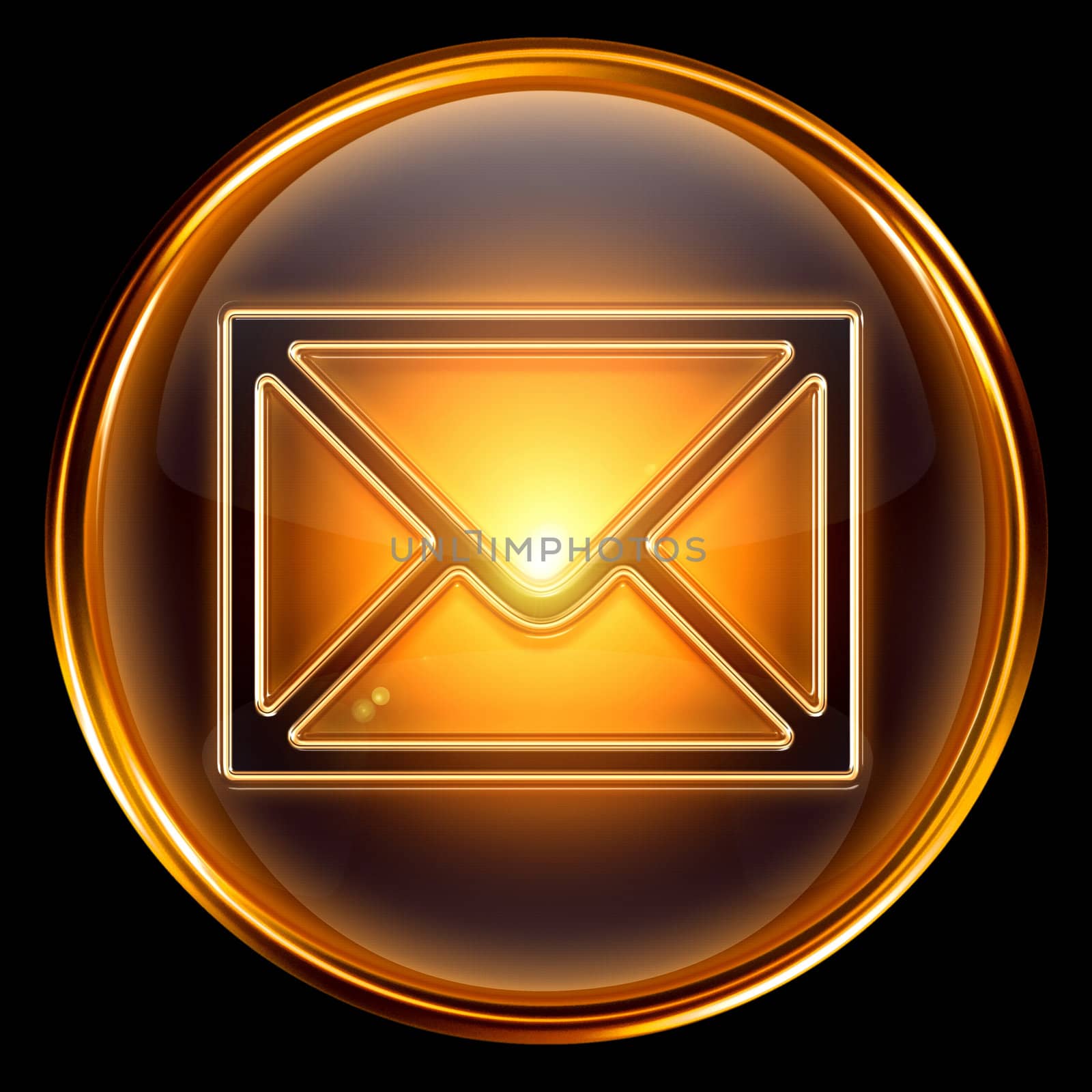 Envelope icon gold, isolated on black background 