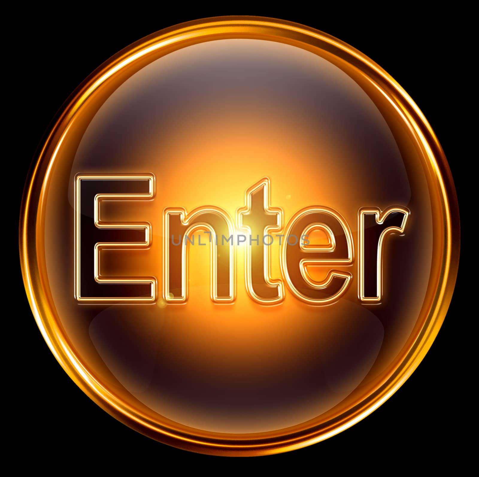 Enter icon gold, isolated on black background.