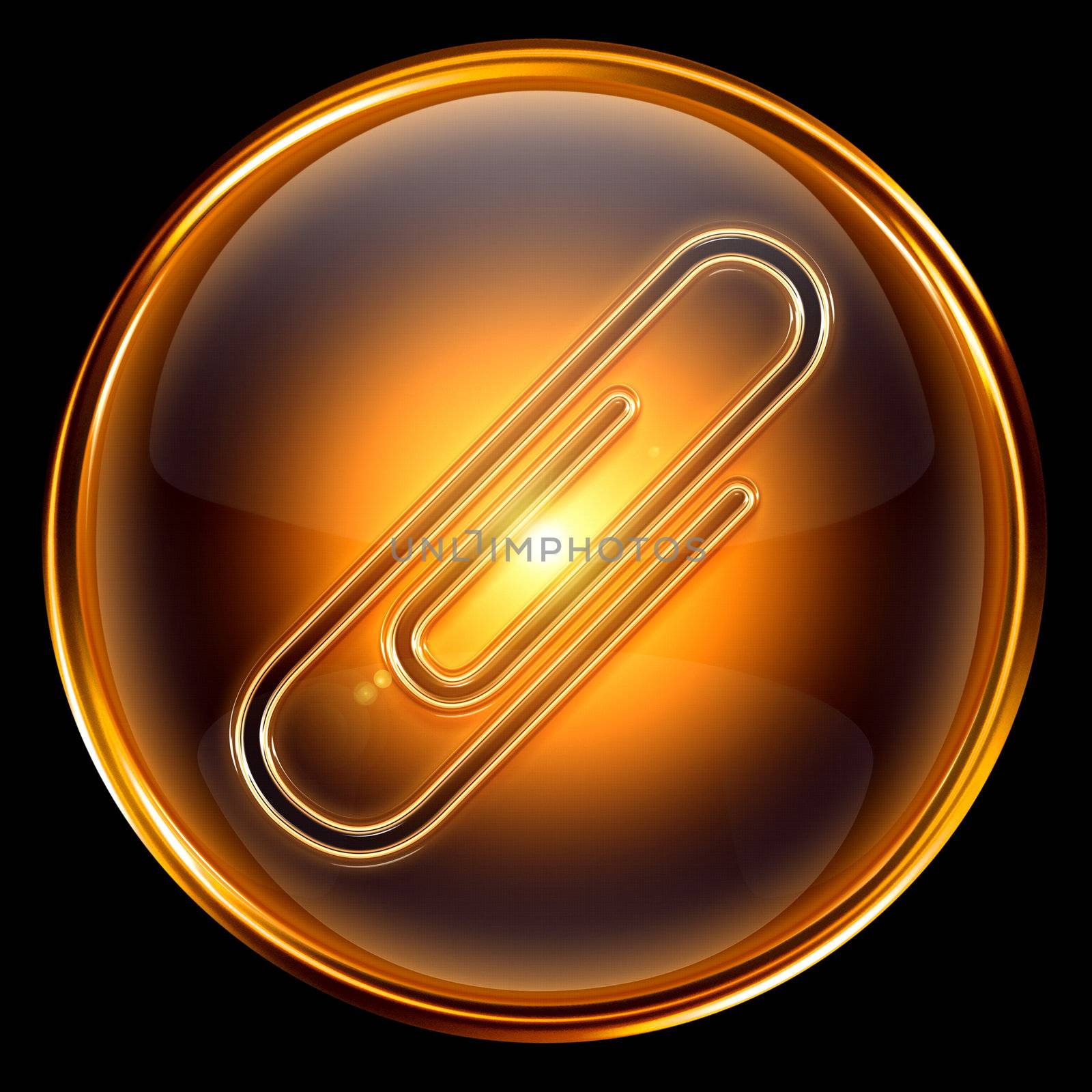 Paperclip icon gold, isolated on black background