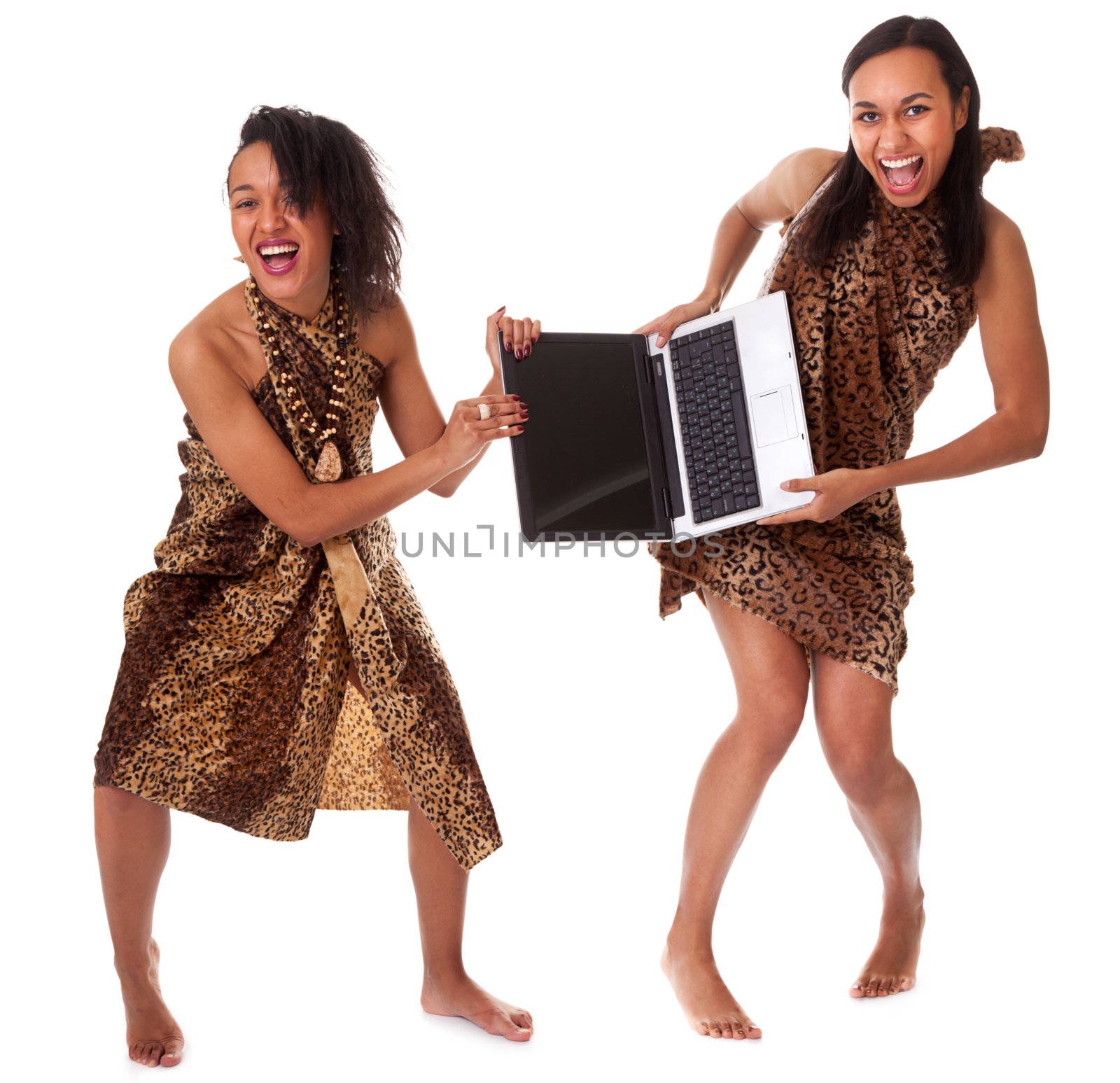 Competition between two barefoot girls in animal print for one laptop