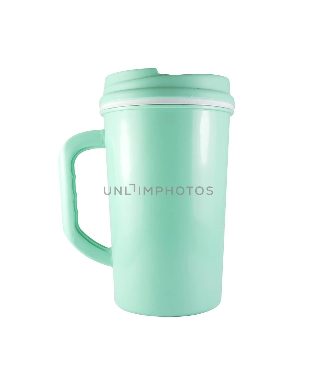 Side view of a closed green sport plastic water bottle. Image isolated on white studio background. 