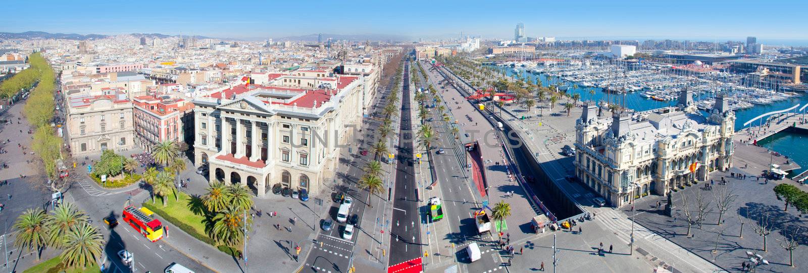 Aerial panoramic Barcelona view Port Passeig Colon and Ramblas