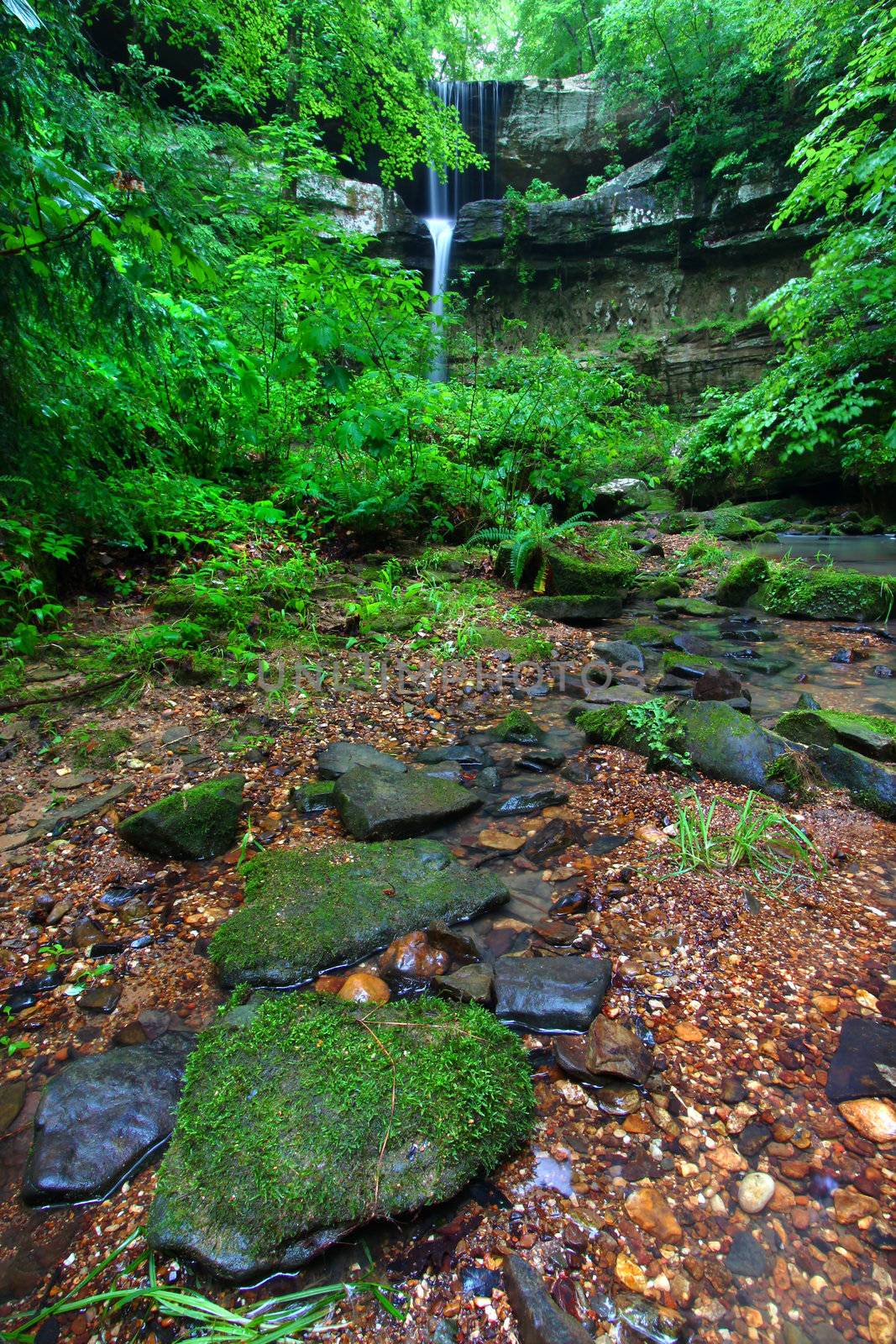 Moss covered boulders below a beautiful waterfall in the deep forests of northern Alabama.