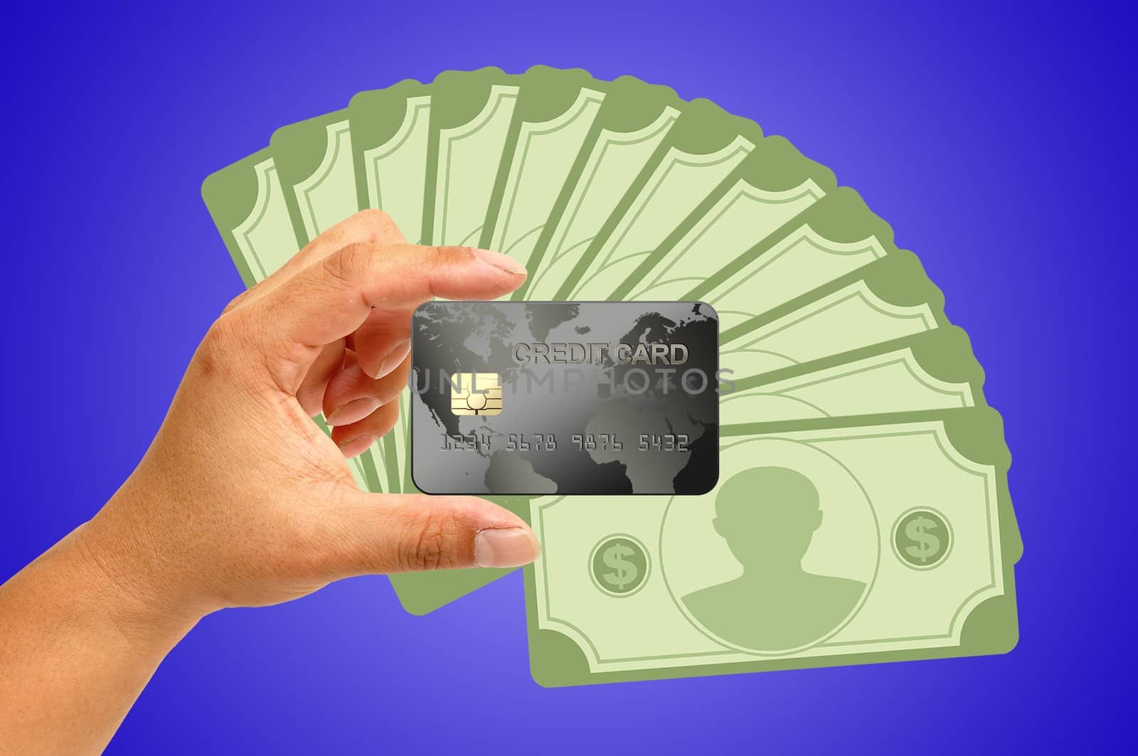 Credit card in human hand with money