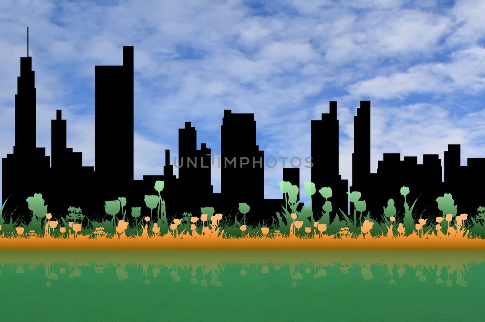 Building silhouettes of a city and flower