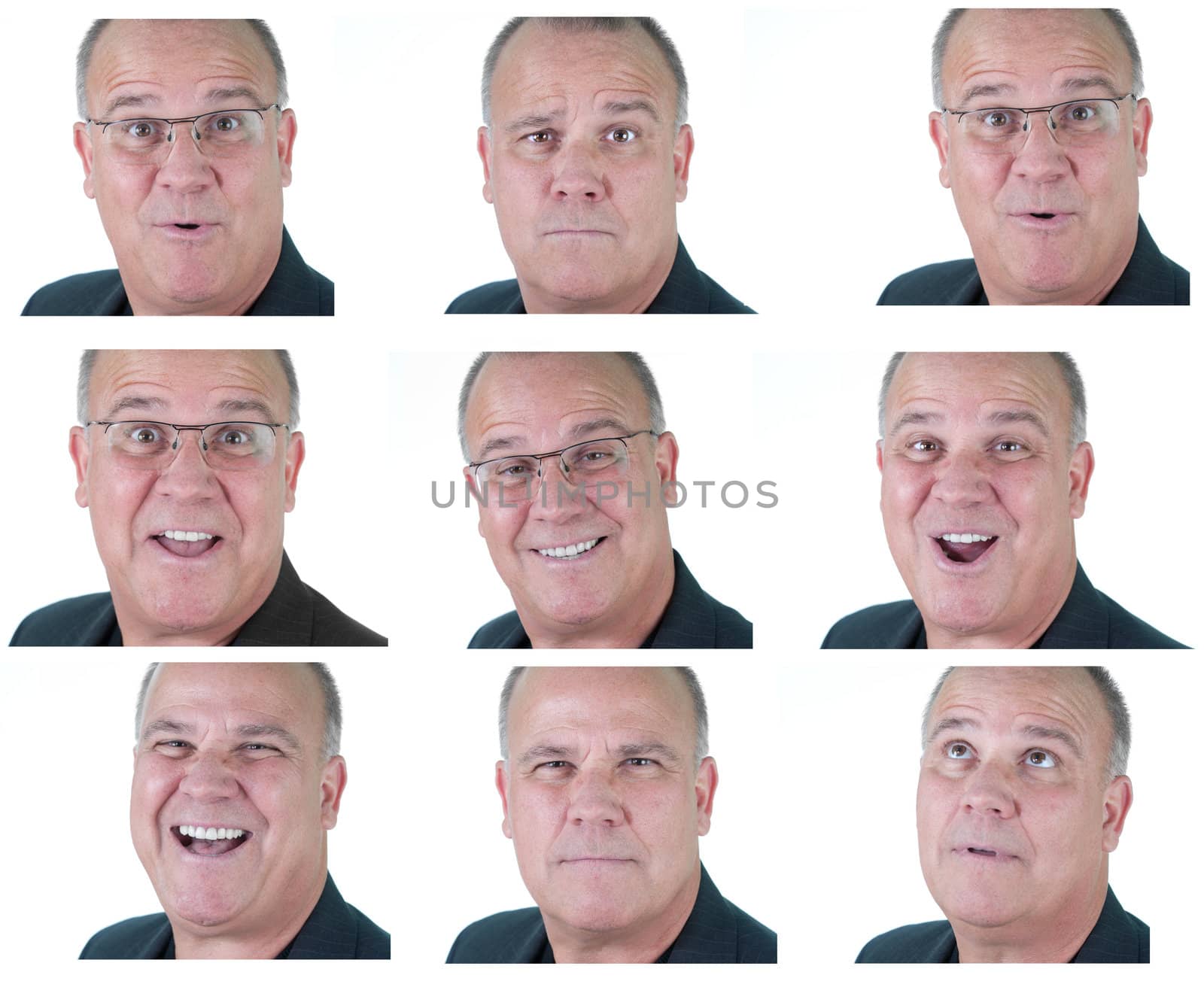 mature white senior male face expressions collage