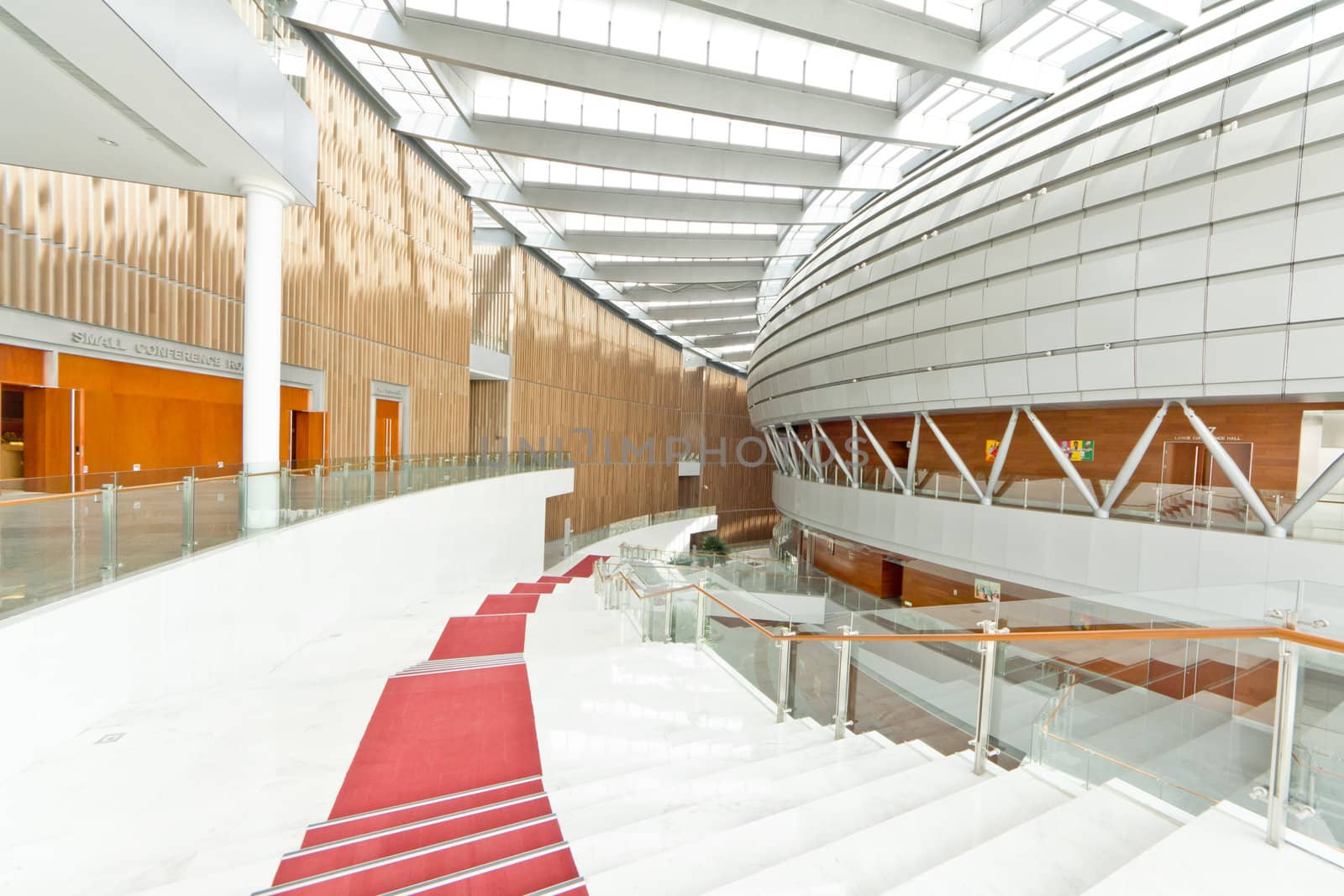 Long marble stars with red carpet leading down to the main floor of the newly constructed African Union Hall in Addis Ababa, Ethiopia