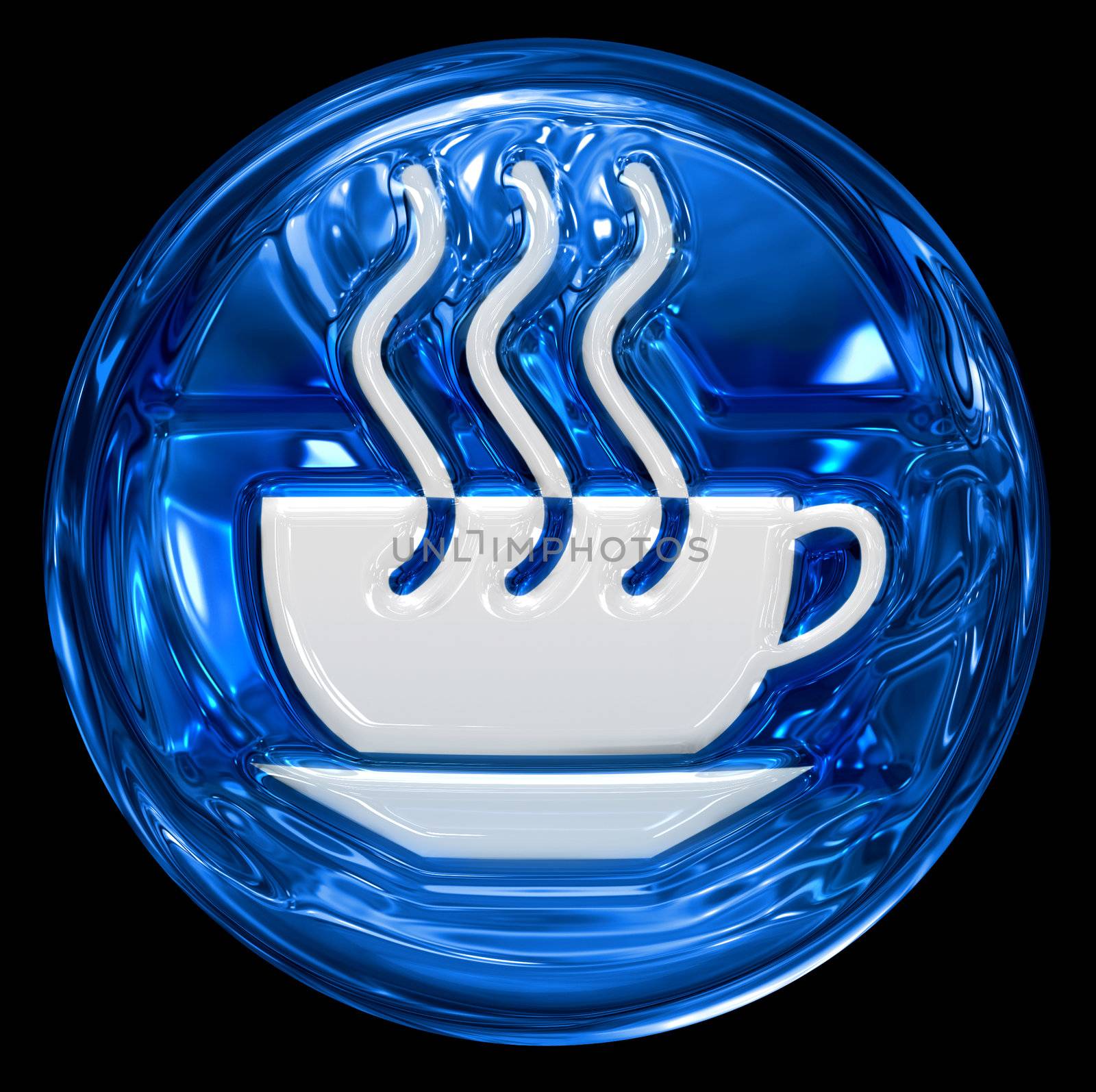 coffee cup icon blue, isolated on black background.