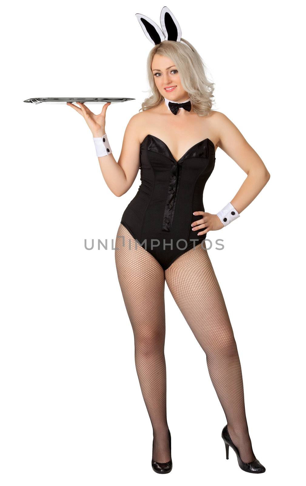 Sexy girl - a waitress in a bunny suit isolated on white