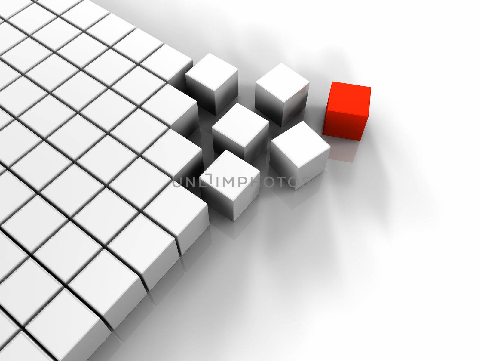 Many white cubes and one red, abstract rendering