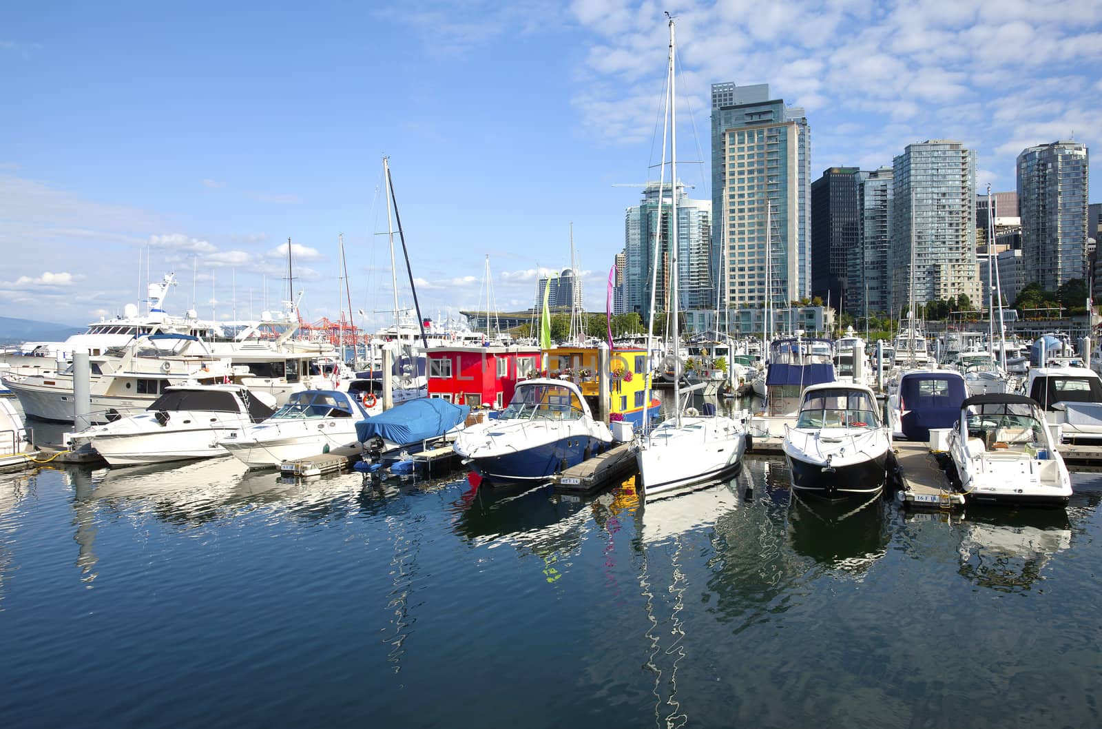 Vancouver BC marina and downtown skyline.