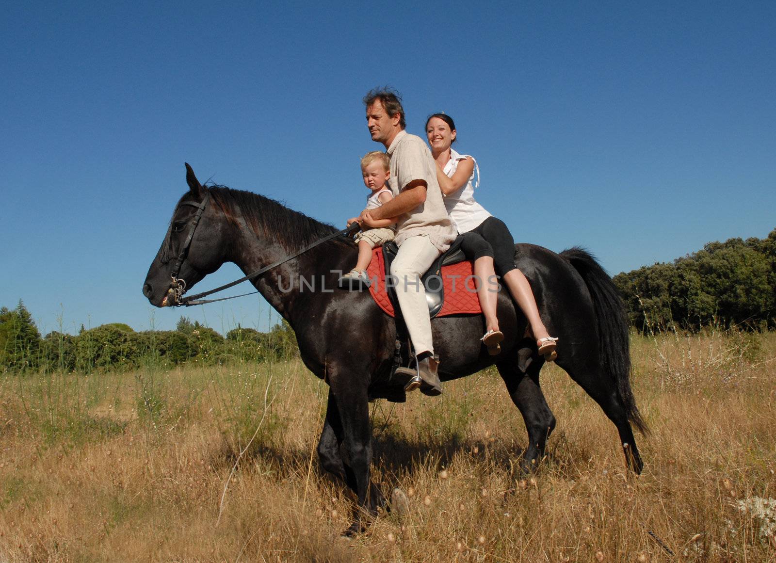 father, mother and son riding on a black horse