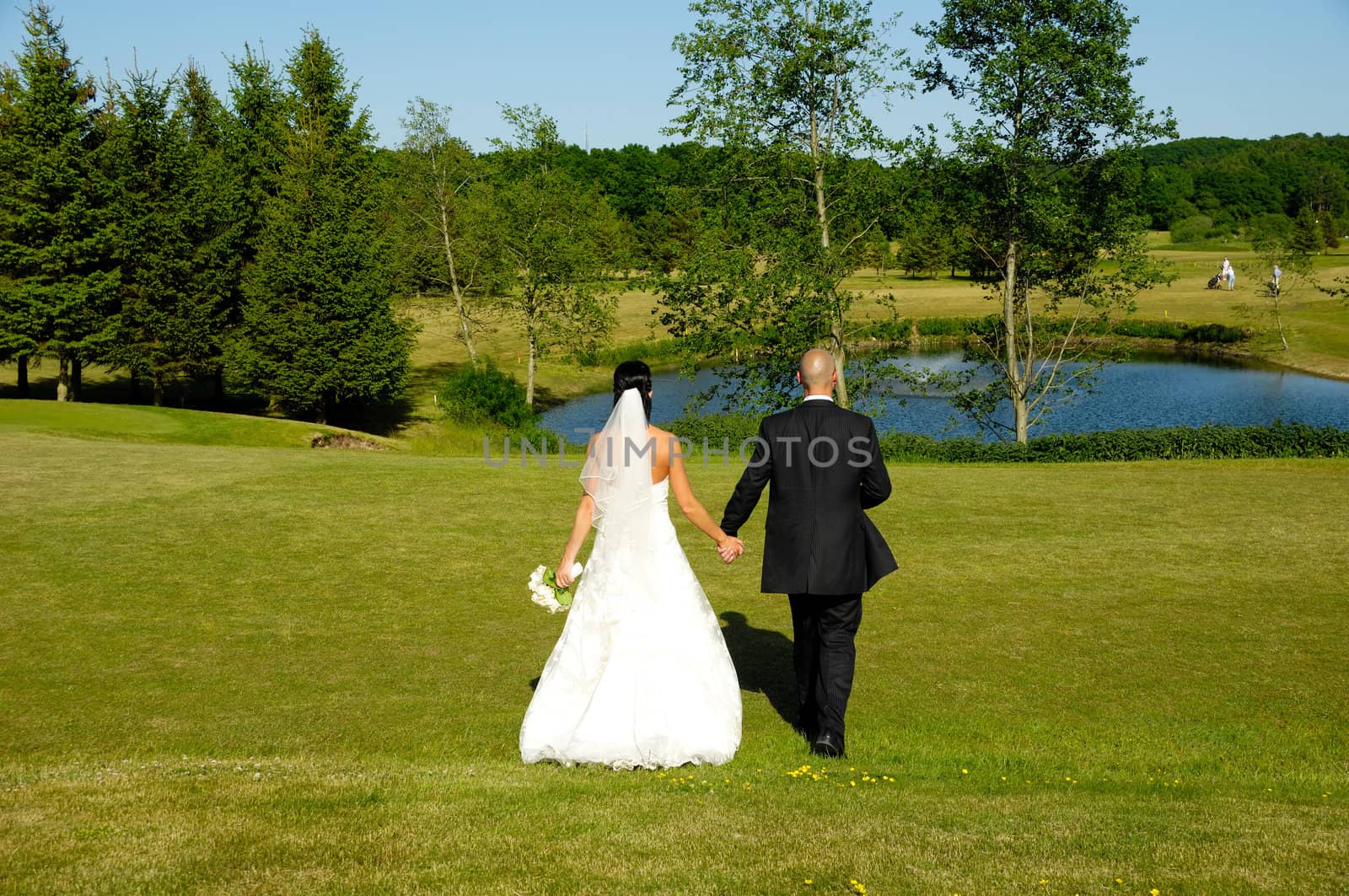 Wedding couple are walking in park.