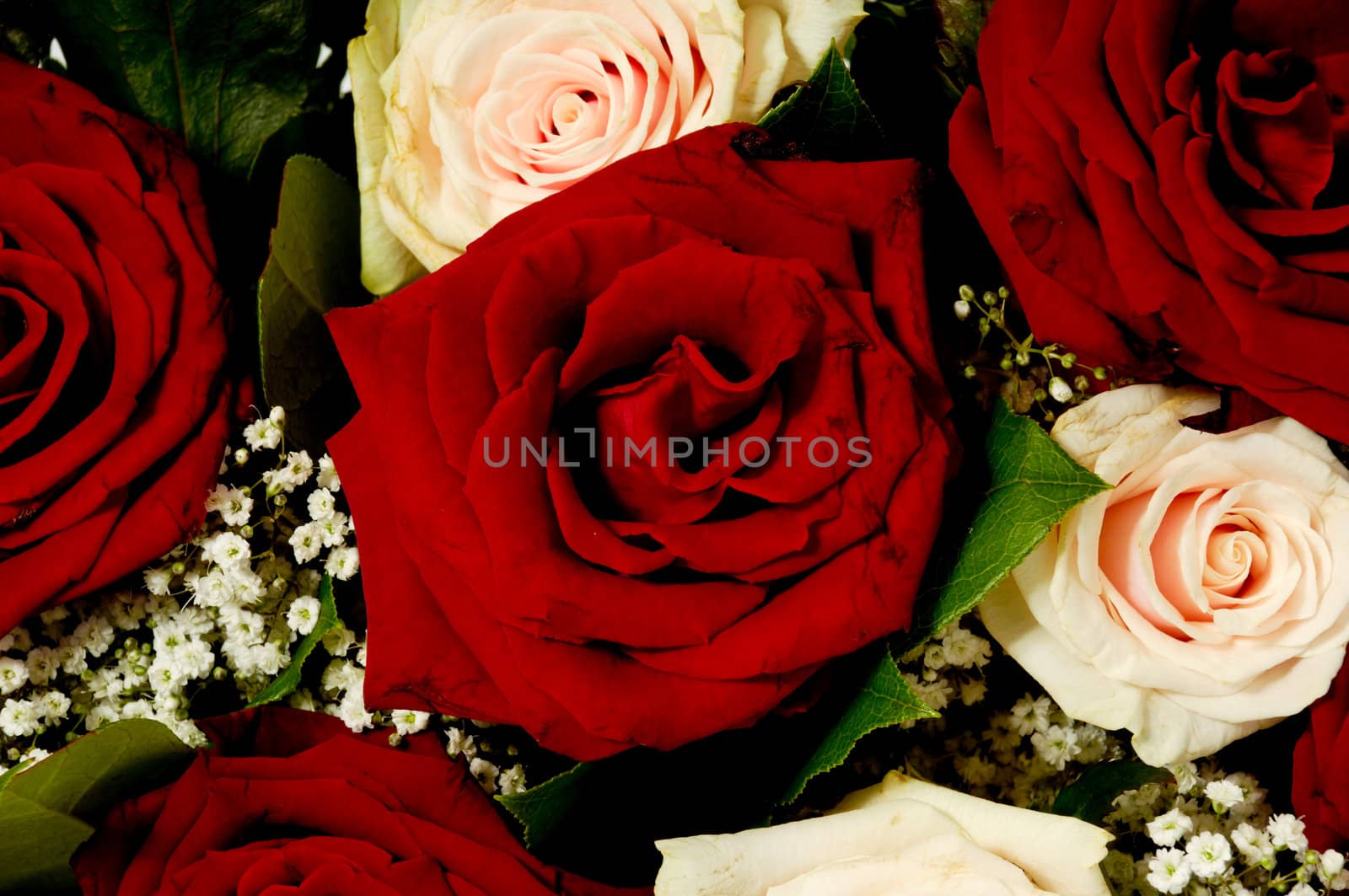 Flower bouquet of red and pink roses. 