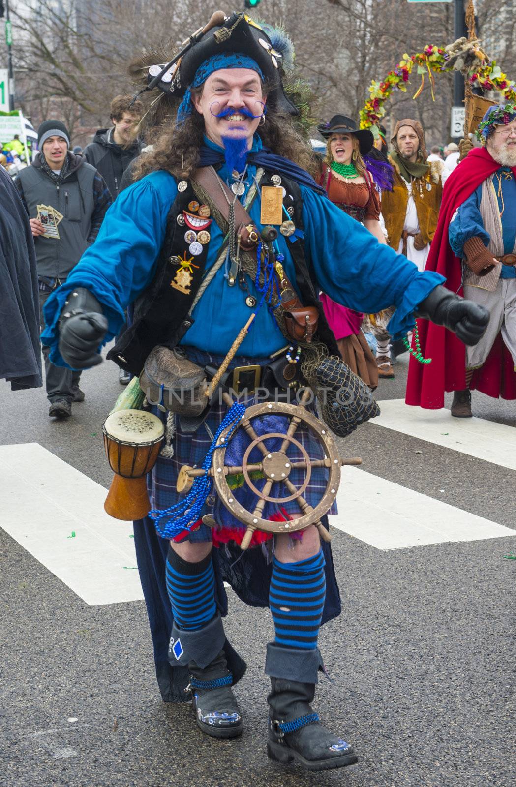 CHICAGO - MARCH 16 : A man with a Renaissance costume Participating in the annual Saint Patrick's Day Parade in Chicago on March 16 2013