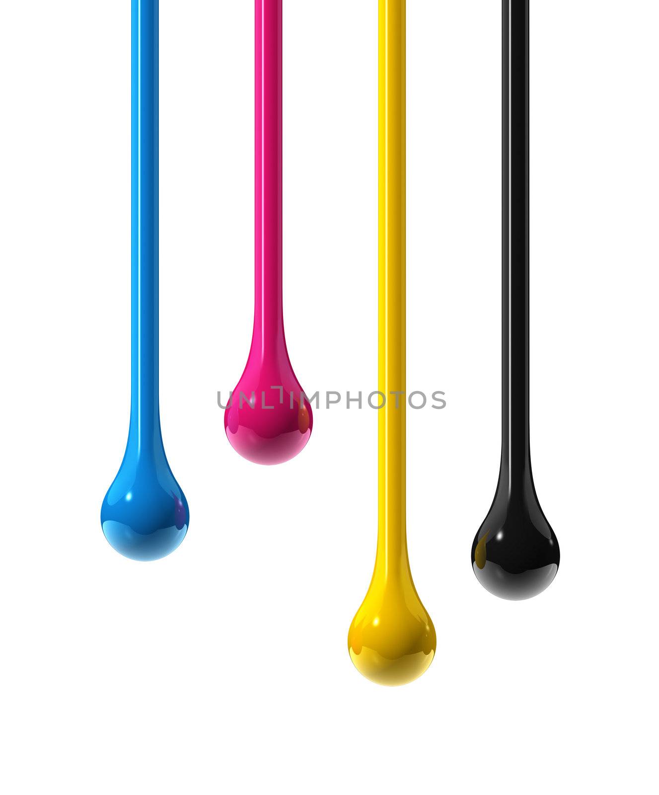 3D cmyk ink drops isolated on white with clipping path