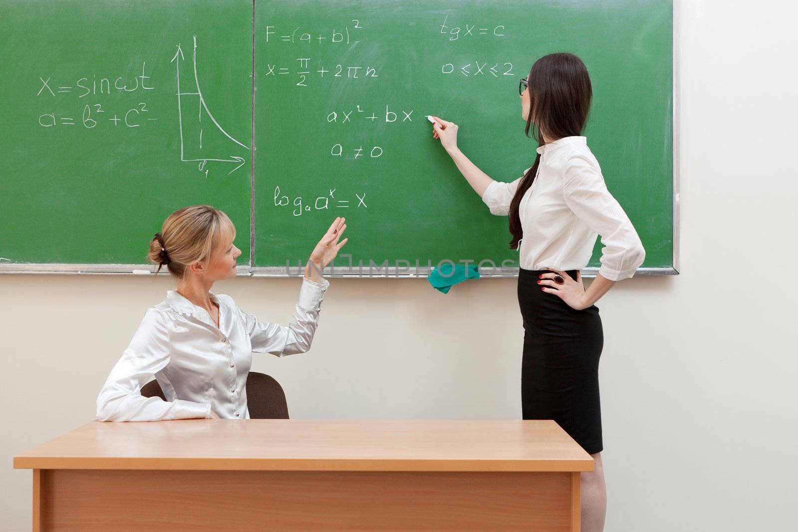 The teacher in the classroom on blackboard background.