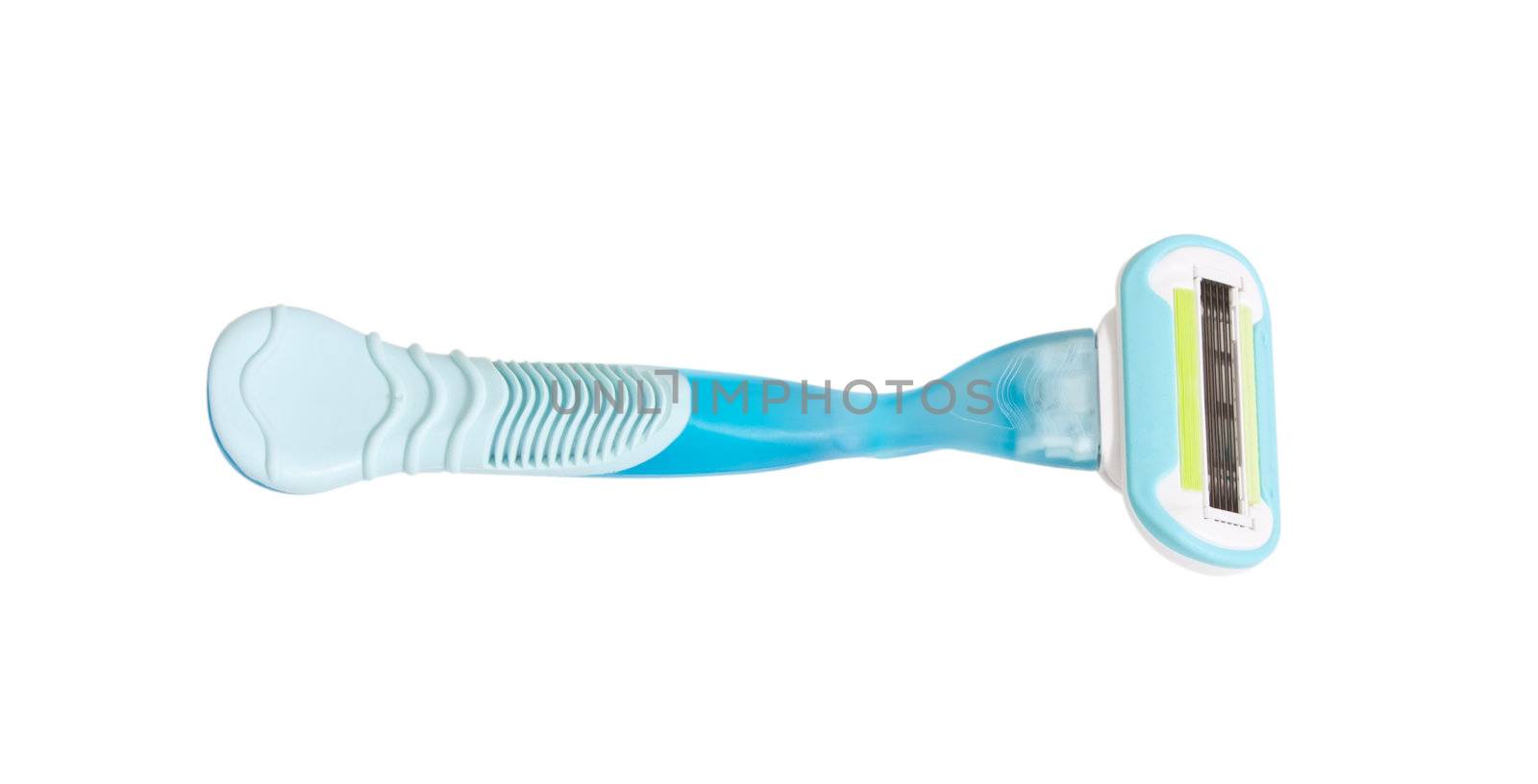 Close up photo of blue razor isolate on white background.