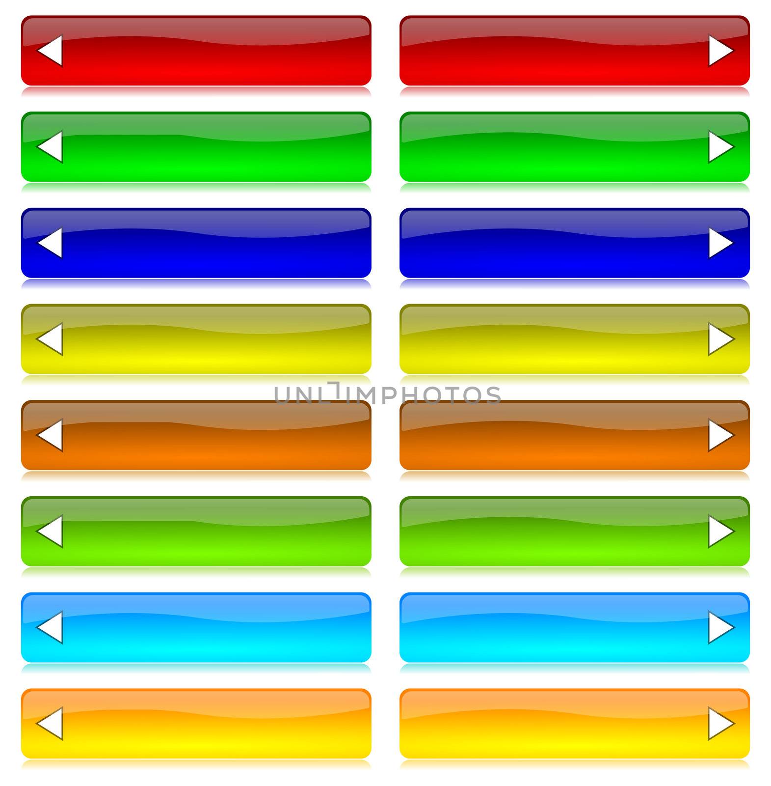 Colored and glossy bar set with arrow and reflection on white background illustration