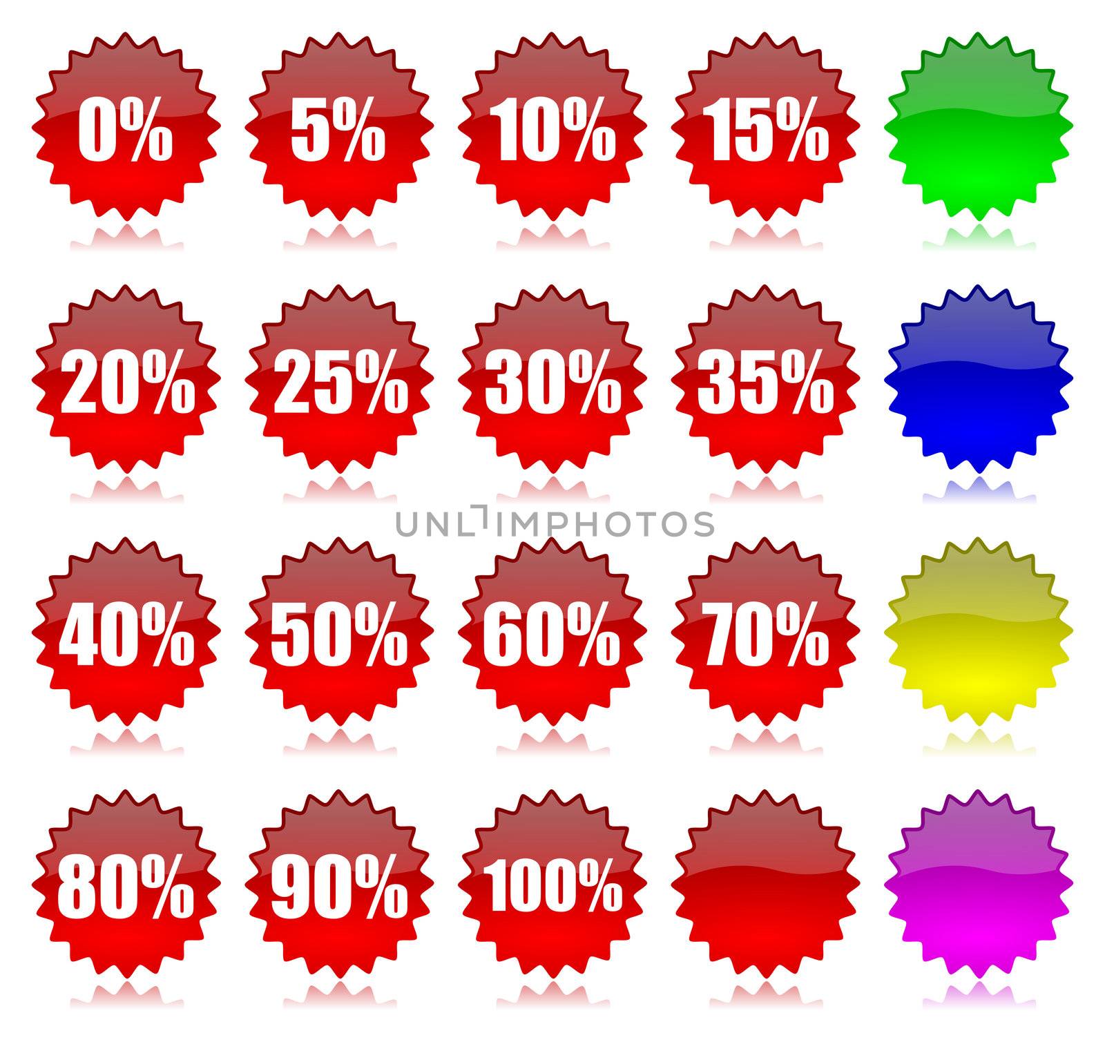 Red discount percentage glossy icons set with reflection illustration
