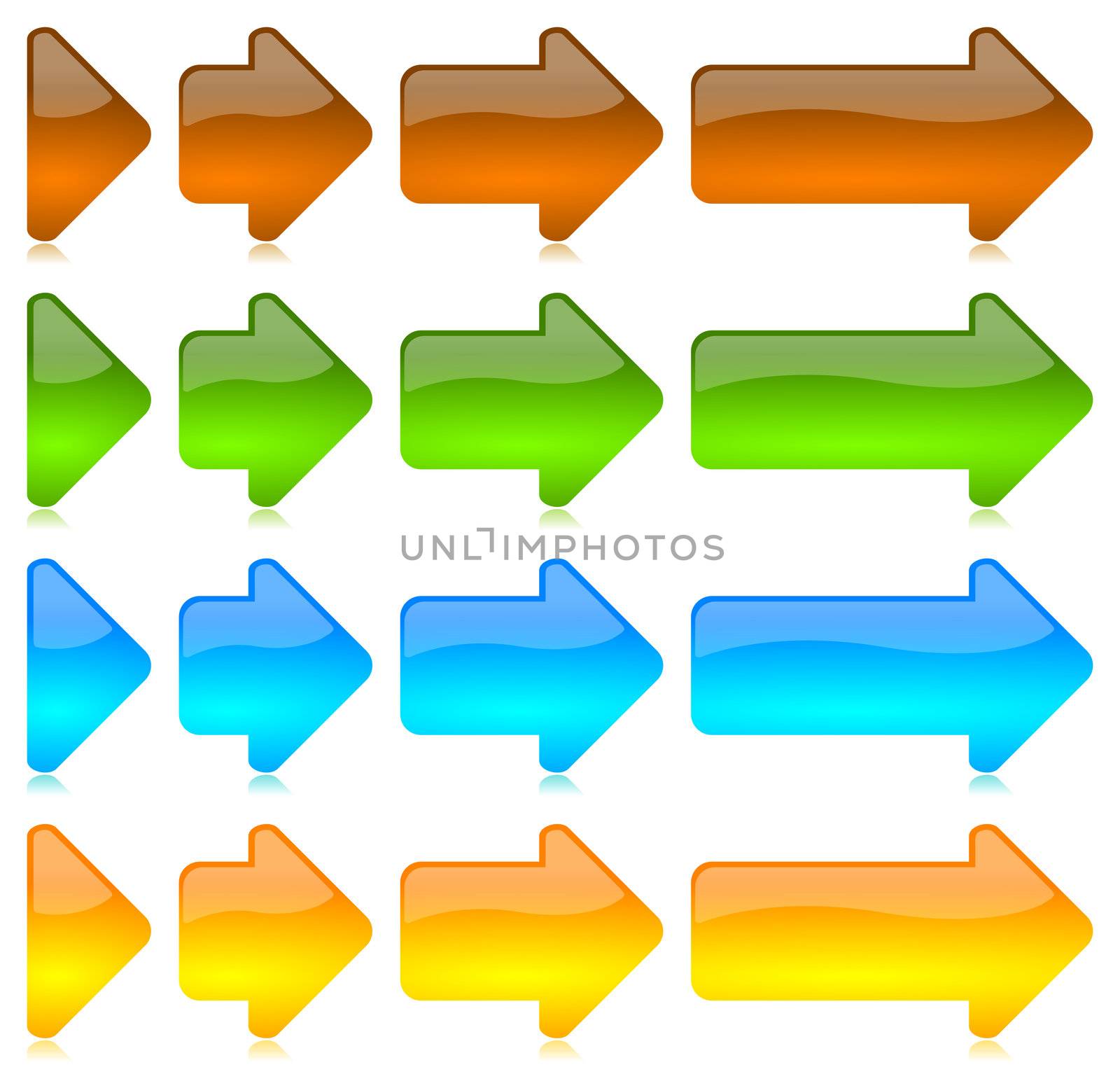 Progressive colored and glossy arrows icon set with reflection on white background