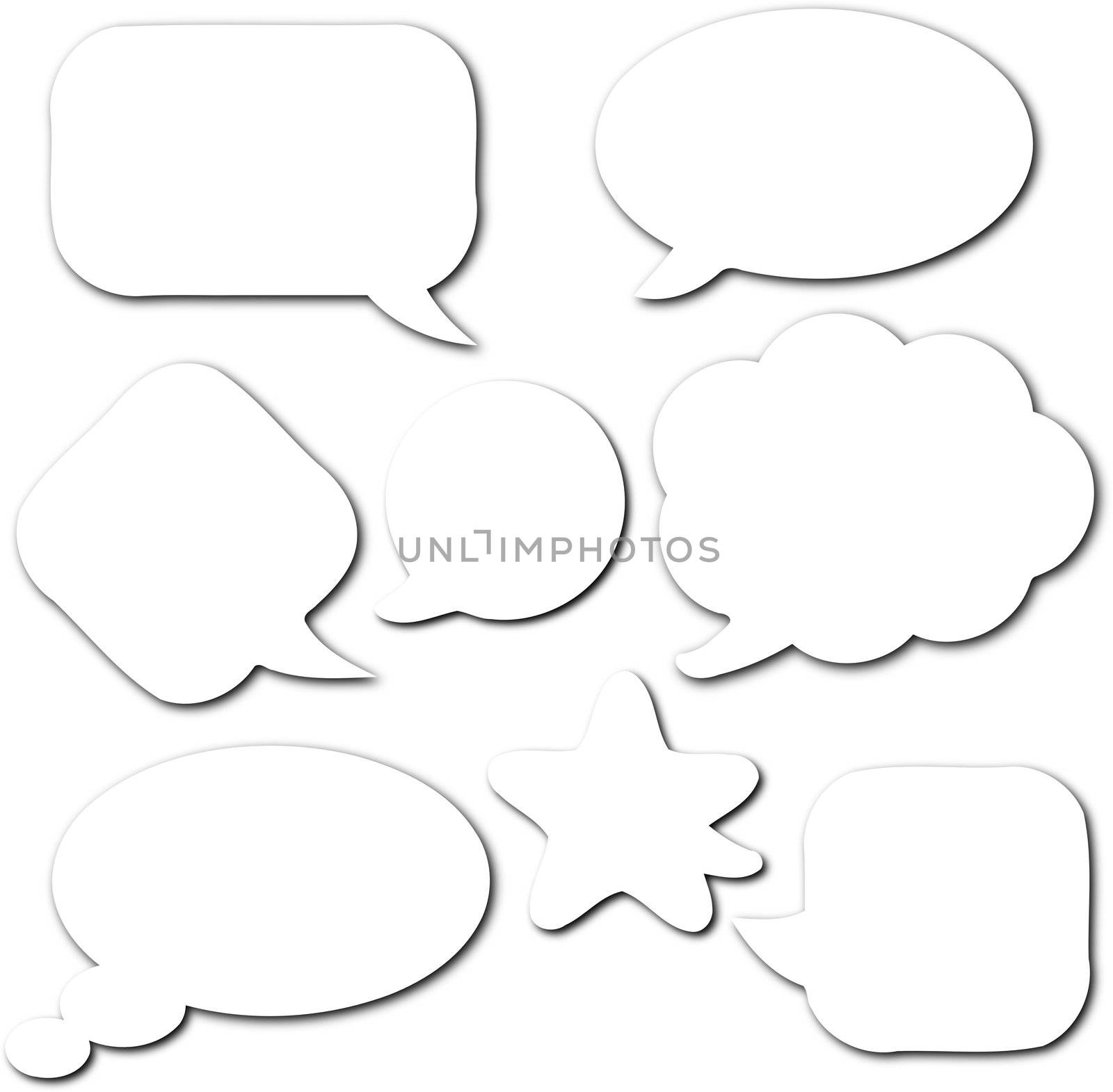 White empty and blank comic speech bubbles set with shadow on white background