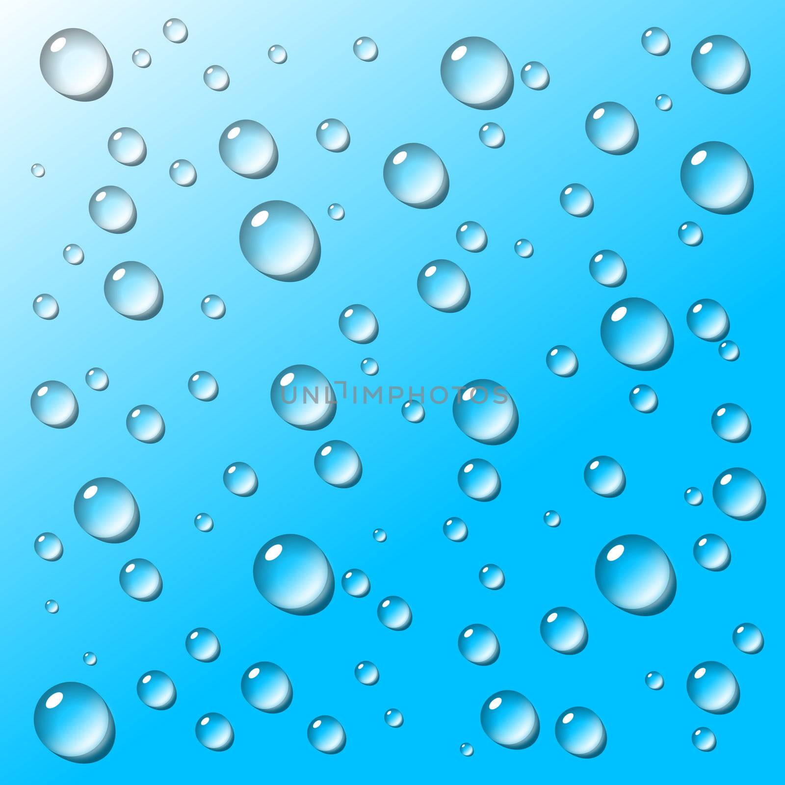 Transparent water drops with shadow on blue gradient background illustration