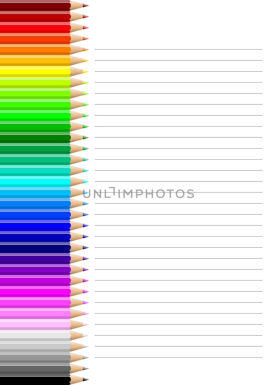 Rainbow of colorful pencils wall on lined notebook white sheet illustration