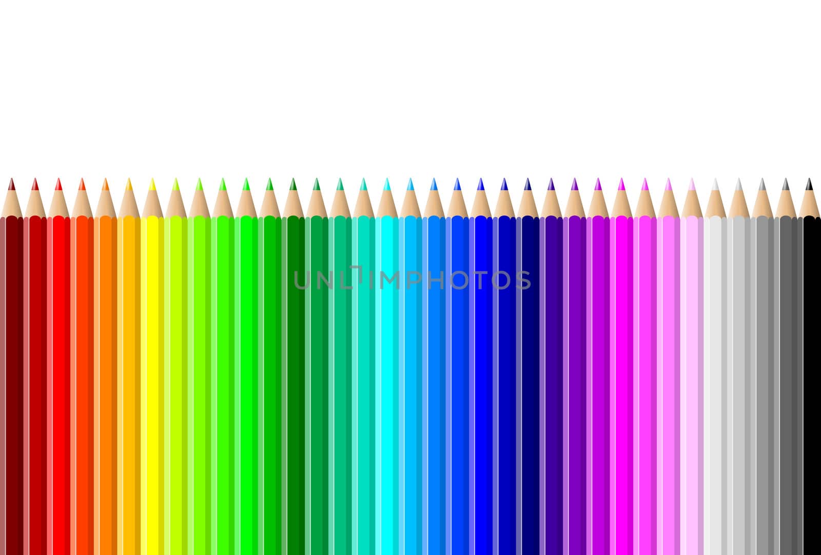 Horizontal rainbow of colorful pencils wall on white background illustration