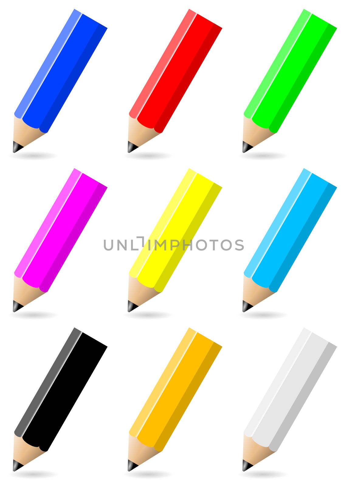 Set of colorful pencils with black tip and shadow on white background illustration