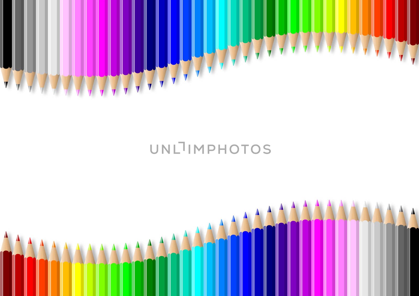 Rainbow of double colorful wavy pencils wall on empty white background illustration
