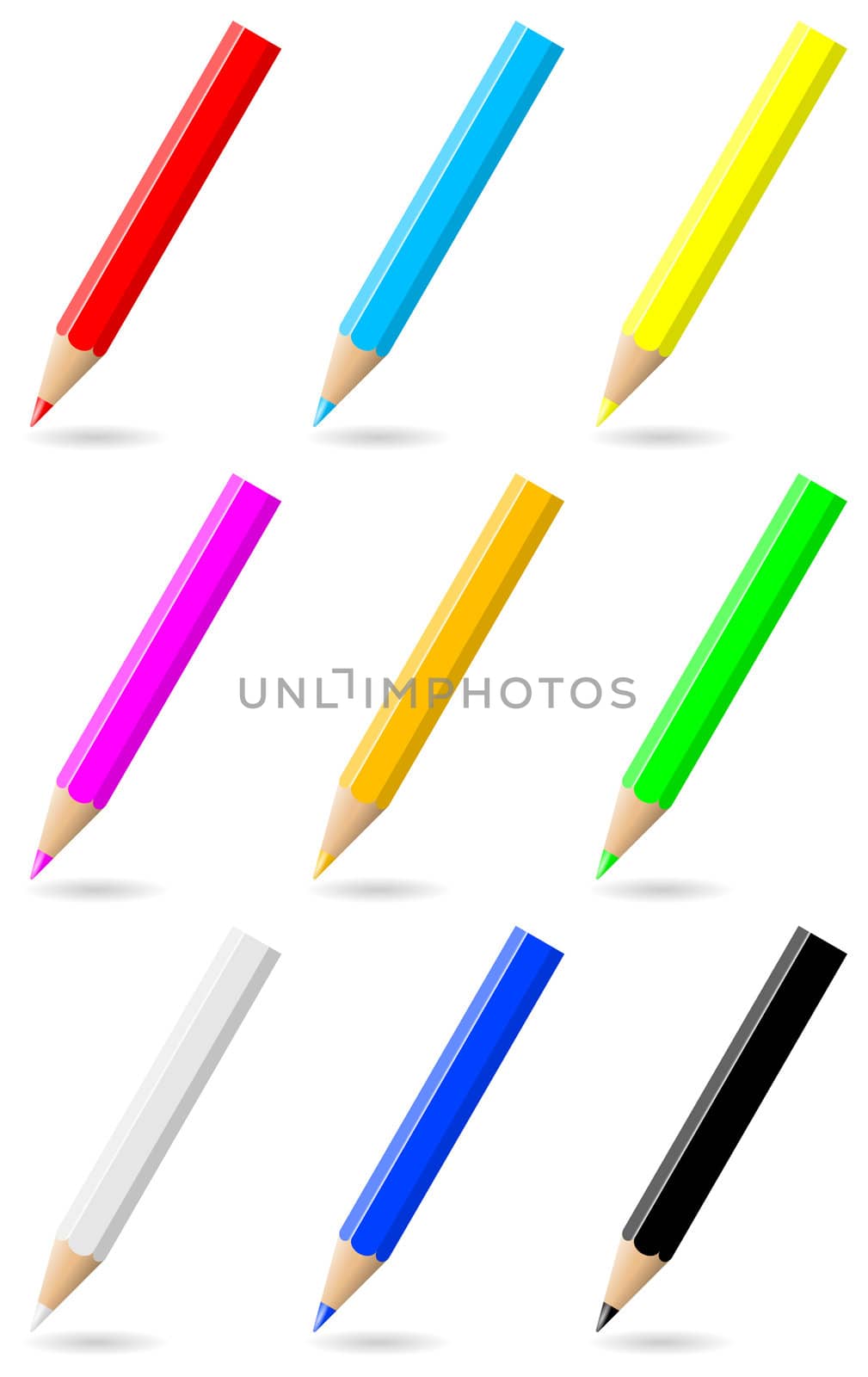 Set of colorful pencils with colored tip and shadow on white background illustration