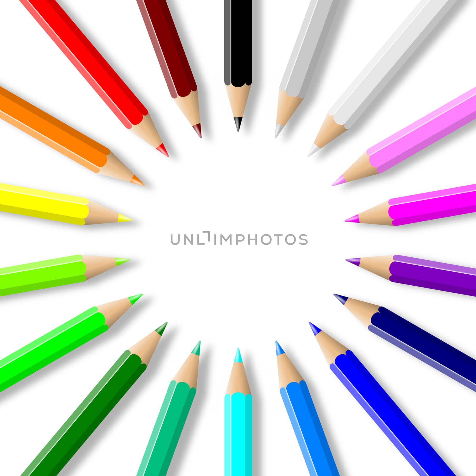 Rainbow of colorful wood pencils arranged in circle on empty white background illustration