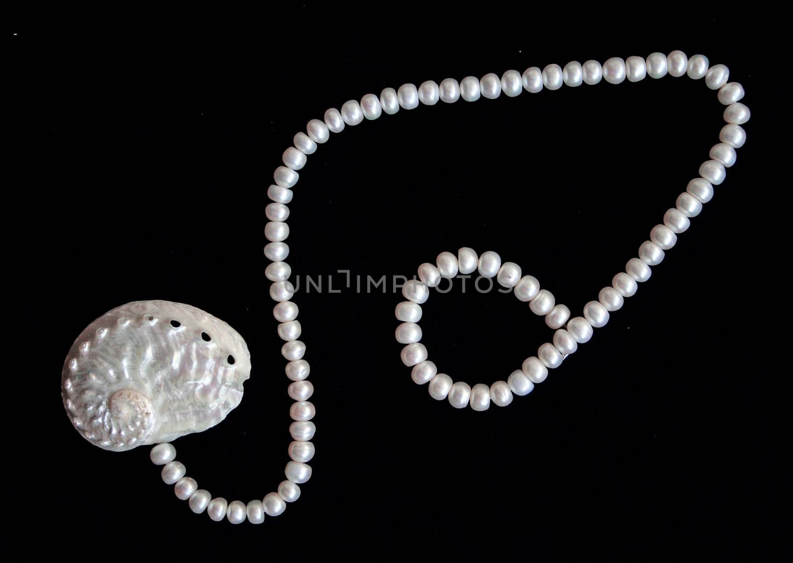 White pearls and nacreous cockleshell on the black velvet background 