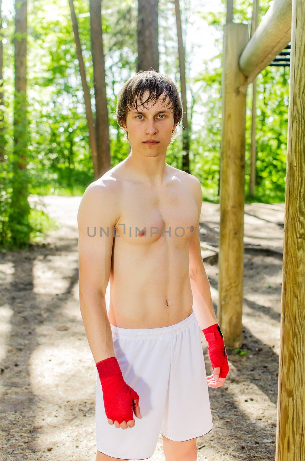 Portrait of boxer guy in forest
