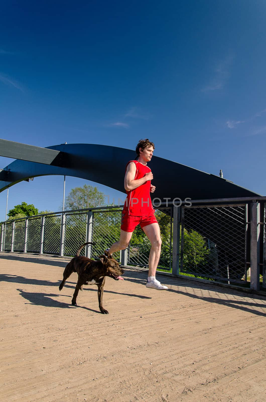 Sportsman and dog running outdoors