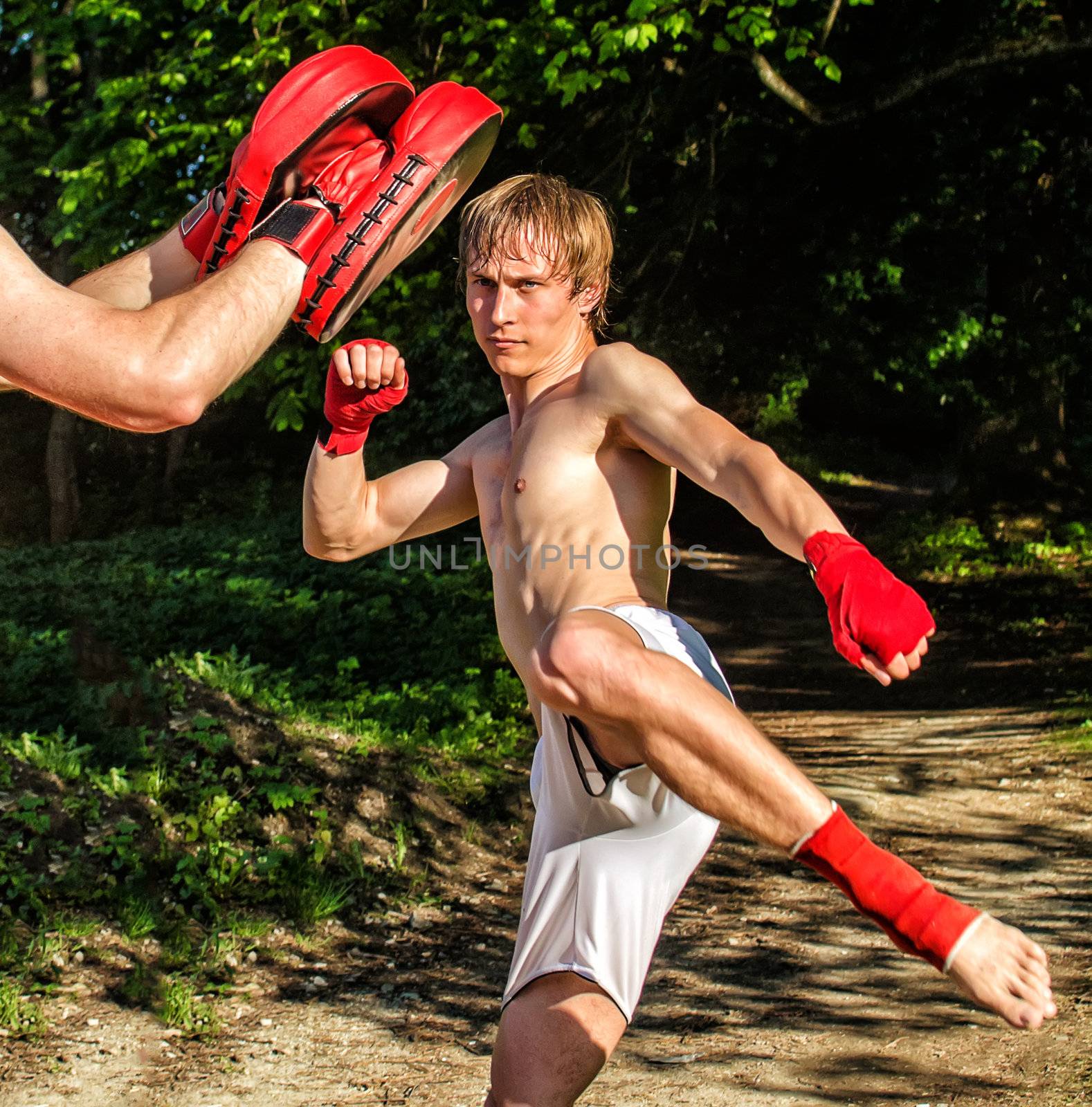 Two man training Muay thai in forest