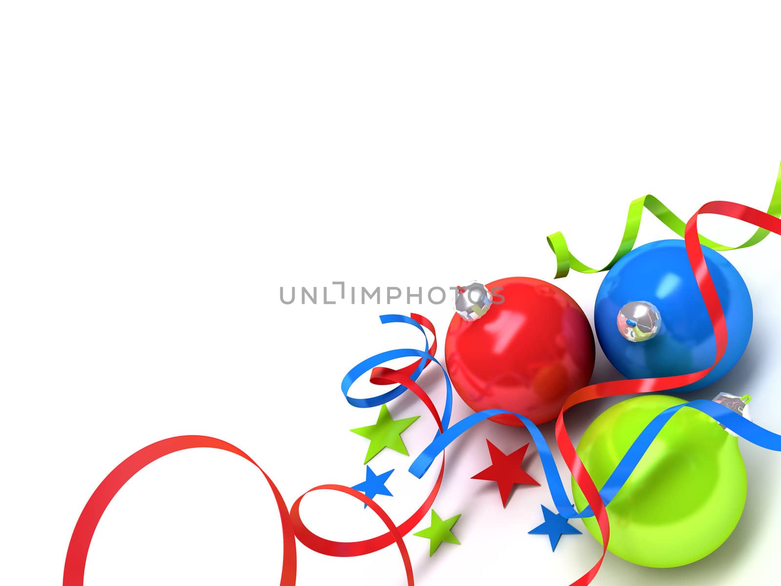 Christmas toys of different colours in the form of spheres on a white background