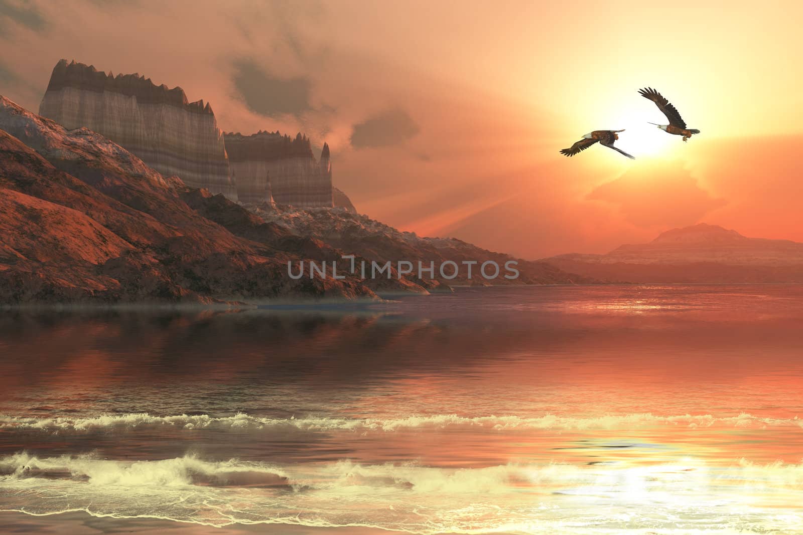 A gorgeous sunset captures the flight of two Bald Eagles flying along a mountainous coastline.