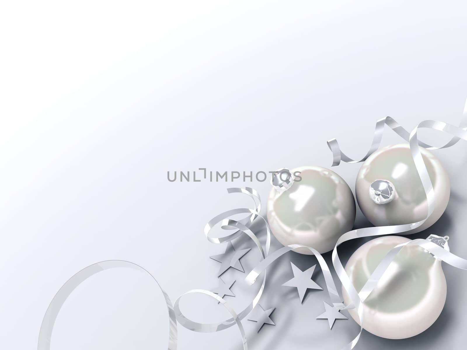 Christmas toys of cream color in an environment of stars and a tinsel on a white background