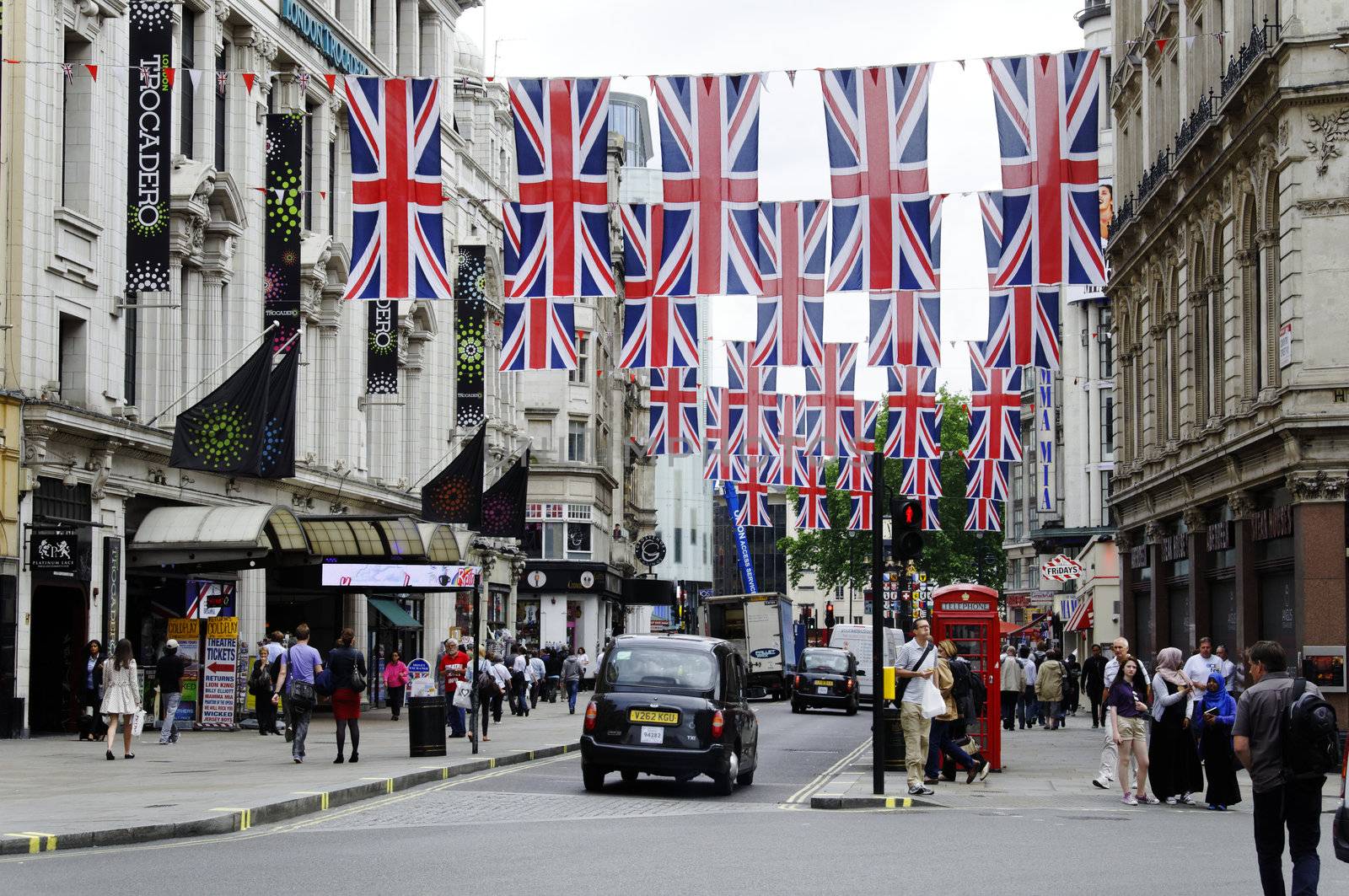 LONDON, UK, Friday June 1, 2012.Coventry Street is decorated with Union Jack flags to celebrate the Queen's Diamond Jubilee. The main celebrations will be held during the Central Weekend from June 2 to June 5, 2012.