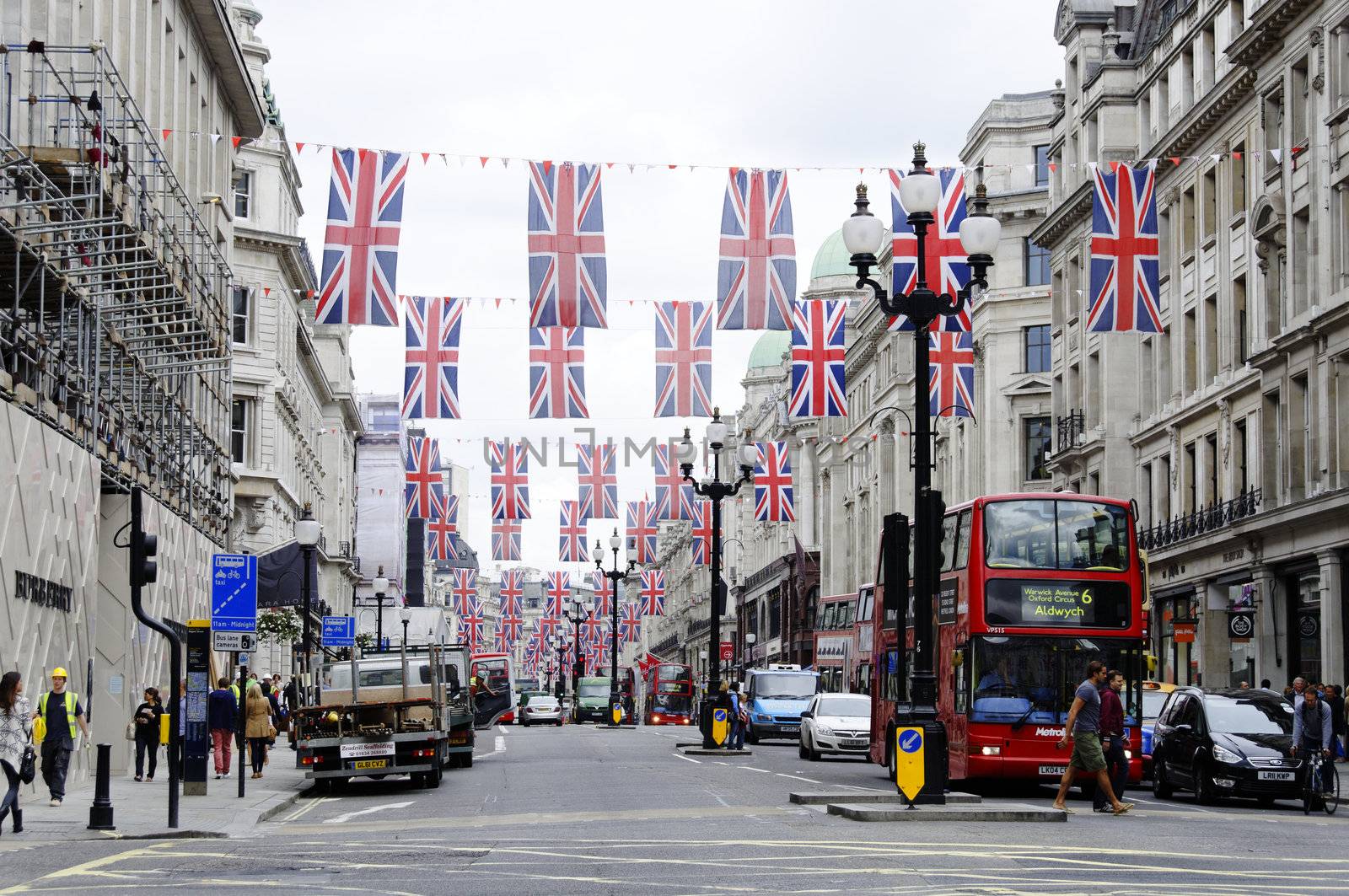 LONDON, UK, Friday June 1, 2012. Regent Street is decorated with Union Jack flags to celebrate the Queen's Diamond Jubilee. The main celebrations will be held during the Central Weekend from June 2 to June 5, 2012.