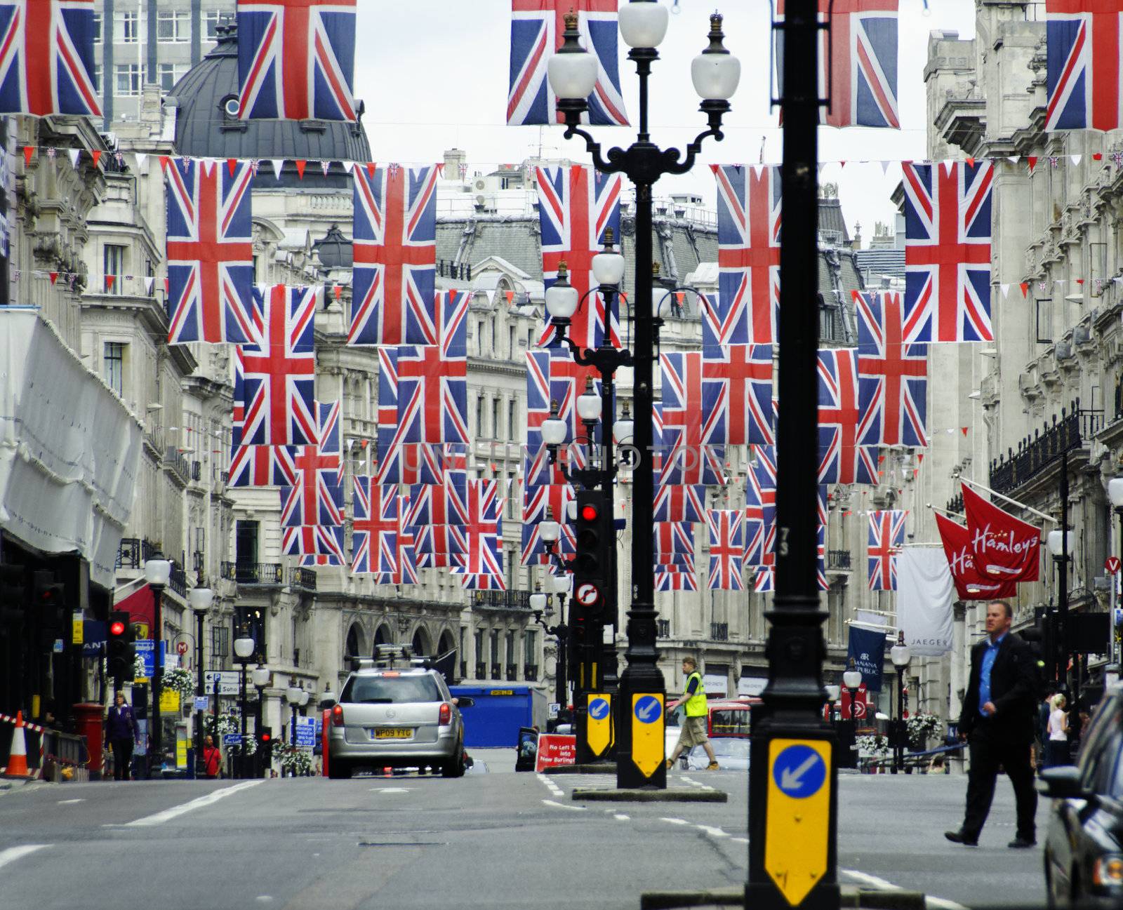 LONDON, UK, Friday June 1, 2012. Regent Street is decorated with Union Jack flags to celebrate the Queen's Diamond Jubilee. The main celebrations will be held during the Central Weekend from June 2 to June 5, 2012.