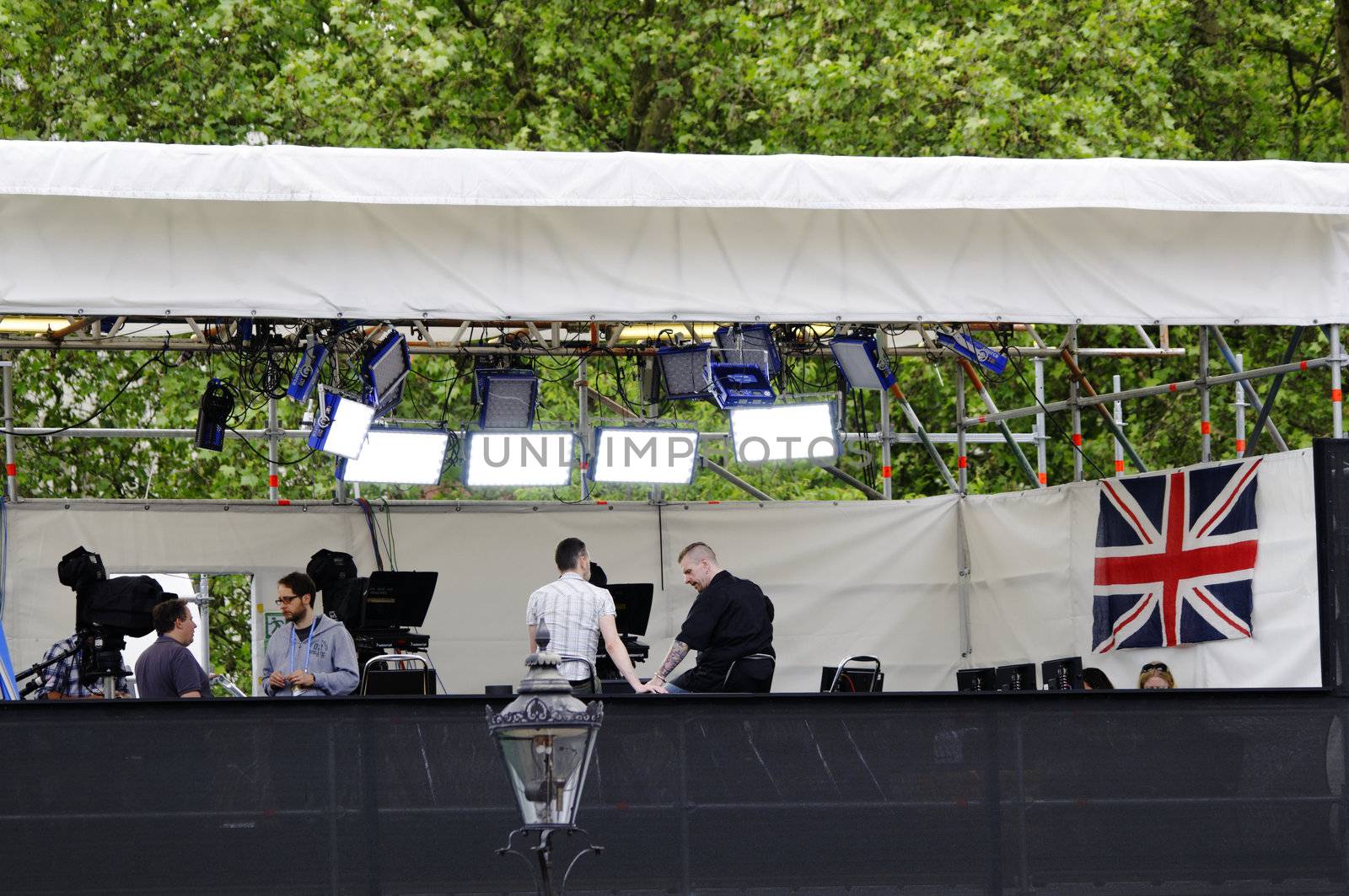 LONDON, UK, Friday 1 June 1, 2012. Preparation and decoration of the Mall and Buckingham Palace for the Queen's Diamond Jubilee main celebrations which will be held during the Central Weekend from June 2 to June 5, 2012.