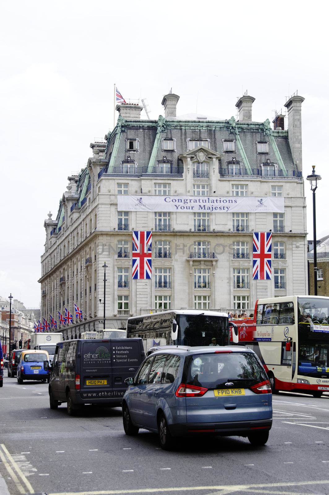 LONDON, UK, Friday June 1, 2012. The Ritz Hotel is decorated for the Queen's Diamond Jubilee.