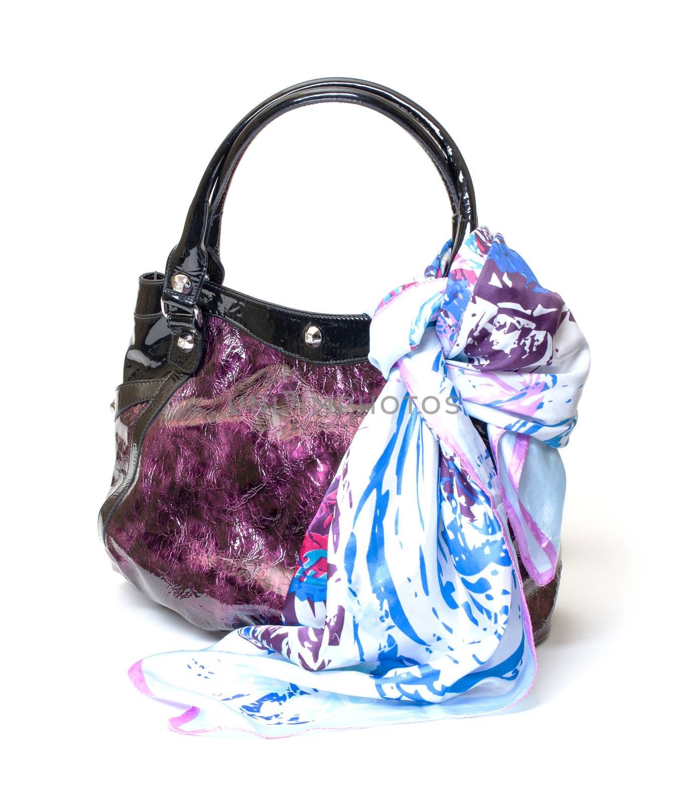 Vibrant Leather Ladies Handbag with Handkerchief on white background
